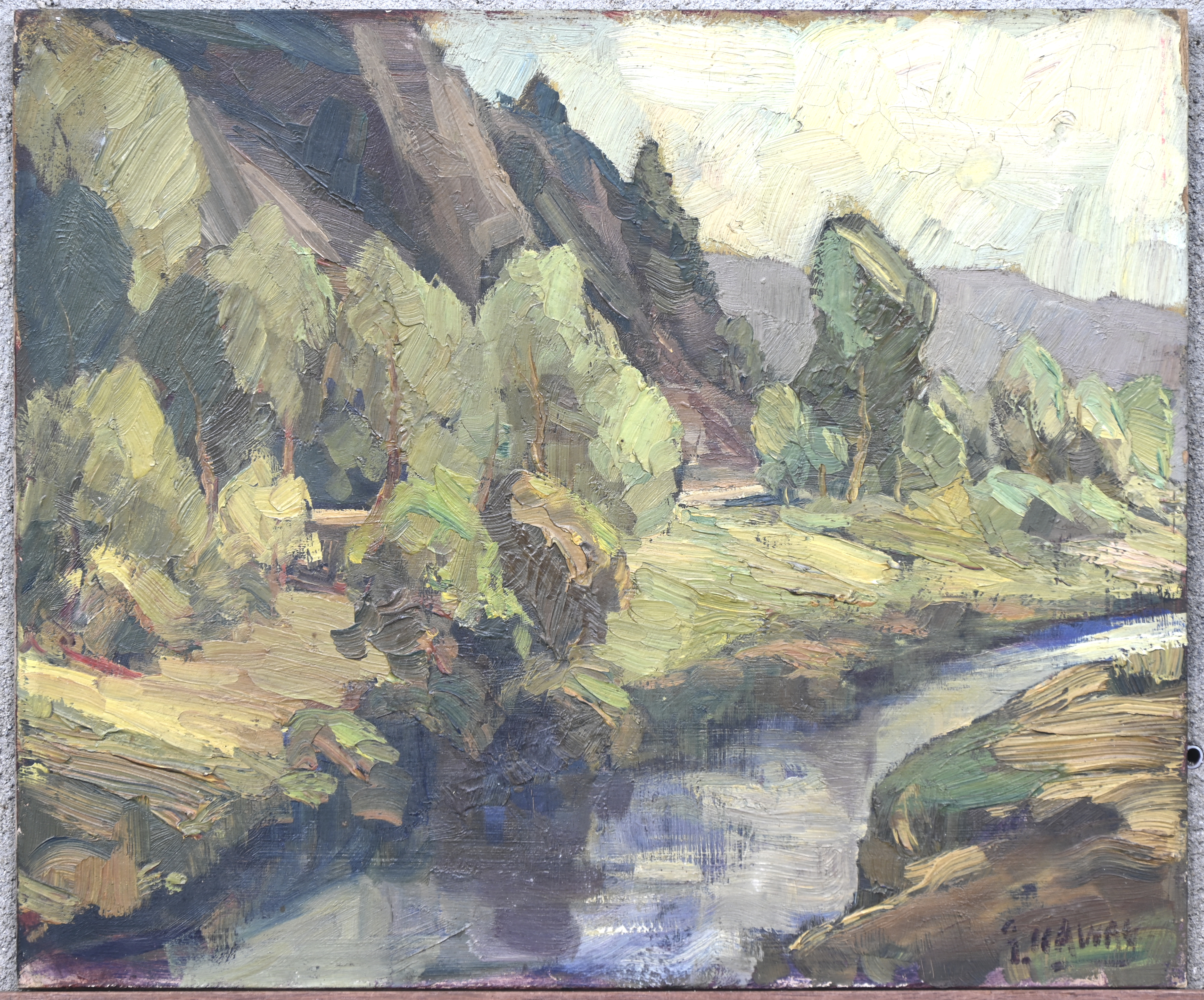‘Landschap met beek’, een impressionistische olieverfstudie op paneel. Getekend G. Haway ‘Landschap met beek’, een impressionistische olieverfstudie op paneel. Getekend G. Haway.