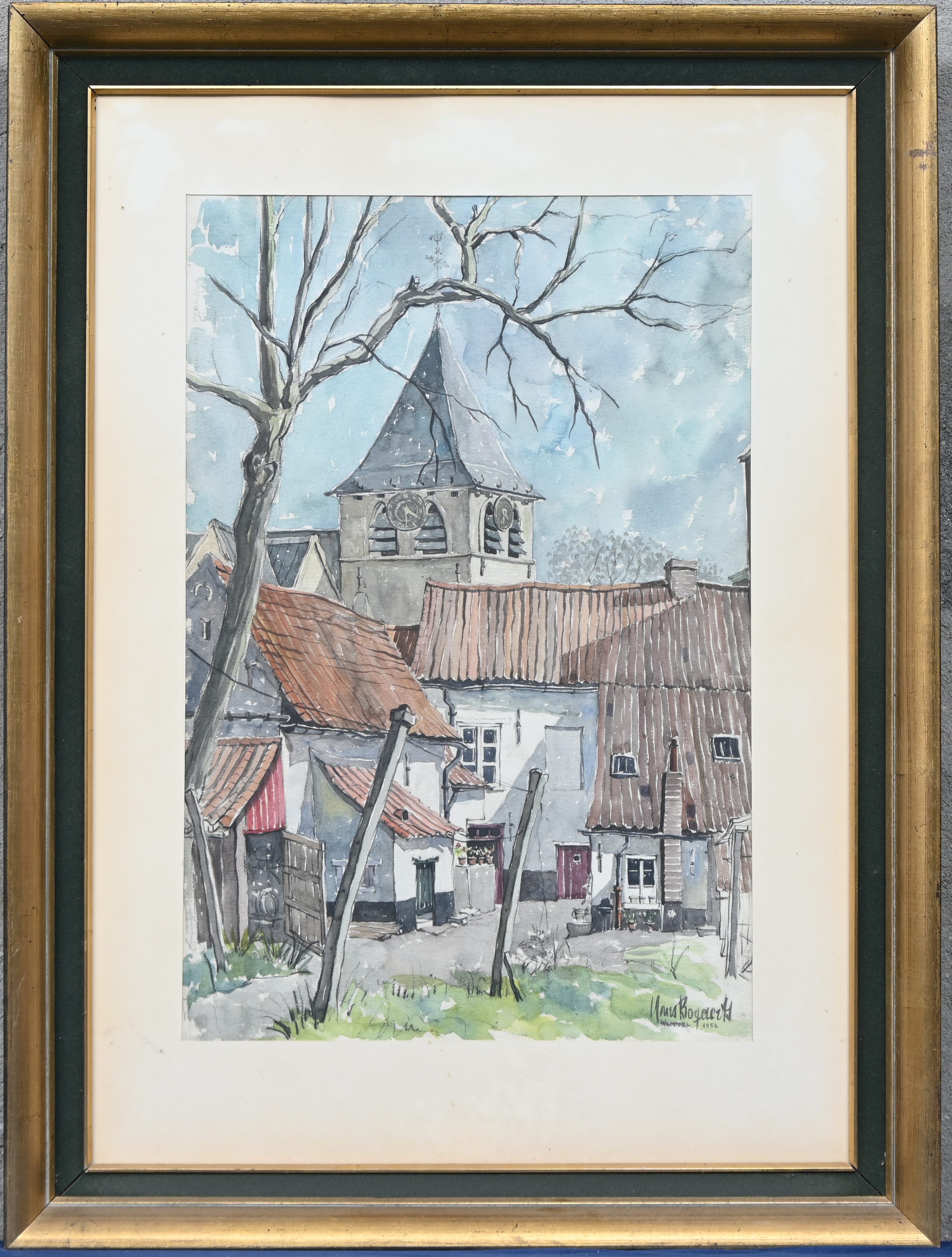 “Aan de kerk van Wemmel”. Aquarel op papier. Gesigneerd en gedateerd 1952 “Aan de kerk van Wemmel”. Aquarel op papier. Gesigneerd en gedateerd 1952.