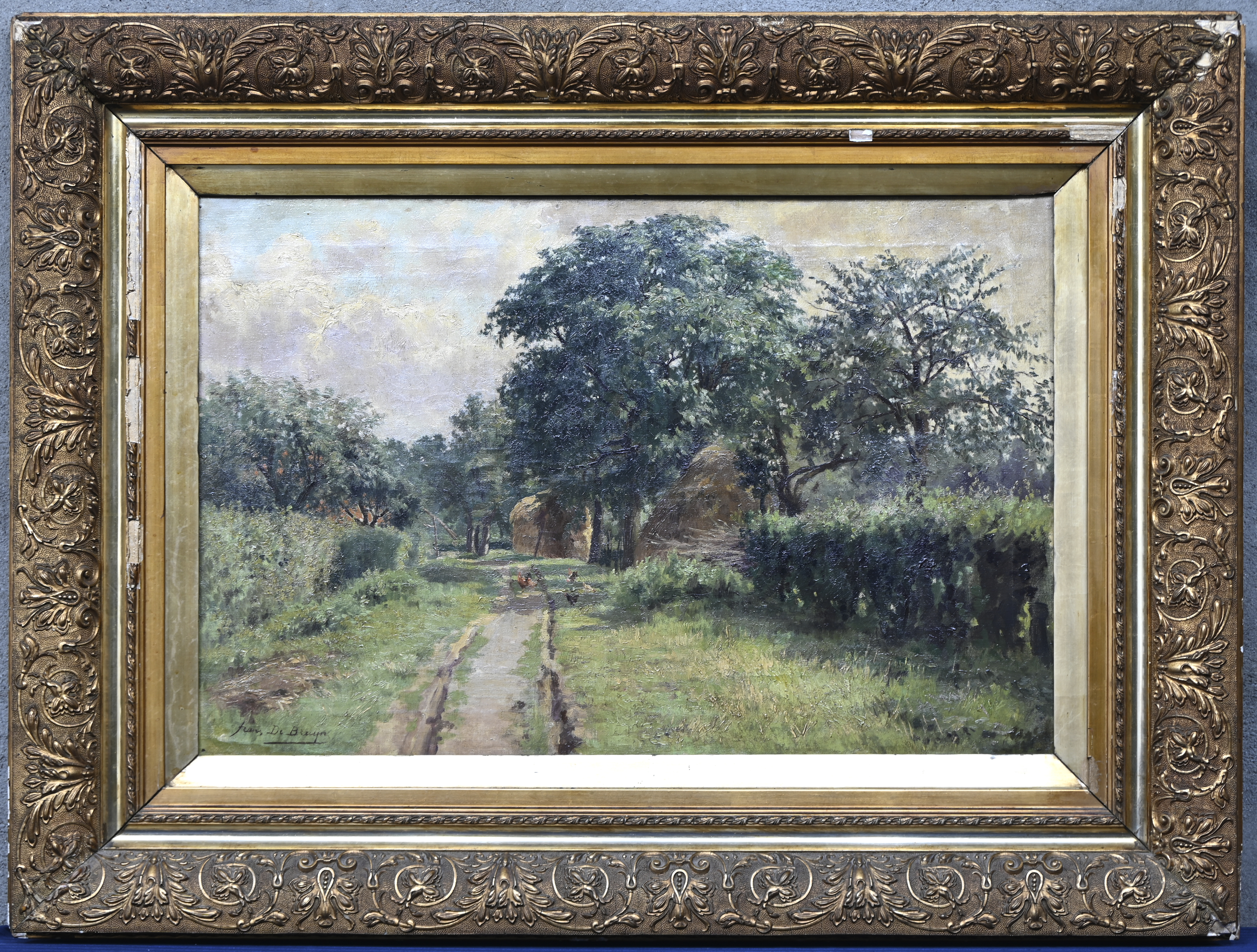 “Boswegel met hooimijten”. Een schilderij, olieverf op doek. Onderaan gesigneerd “Boswegel met hooimijten”. Een schilderij, olieverf op doek. Onderaan gesigneerd.