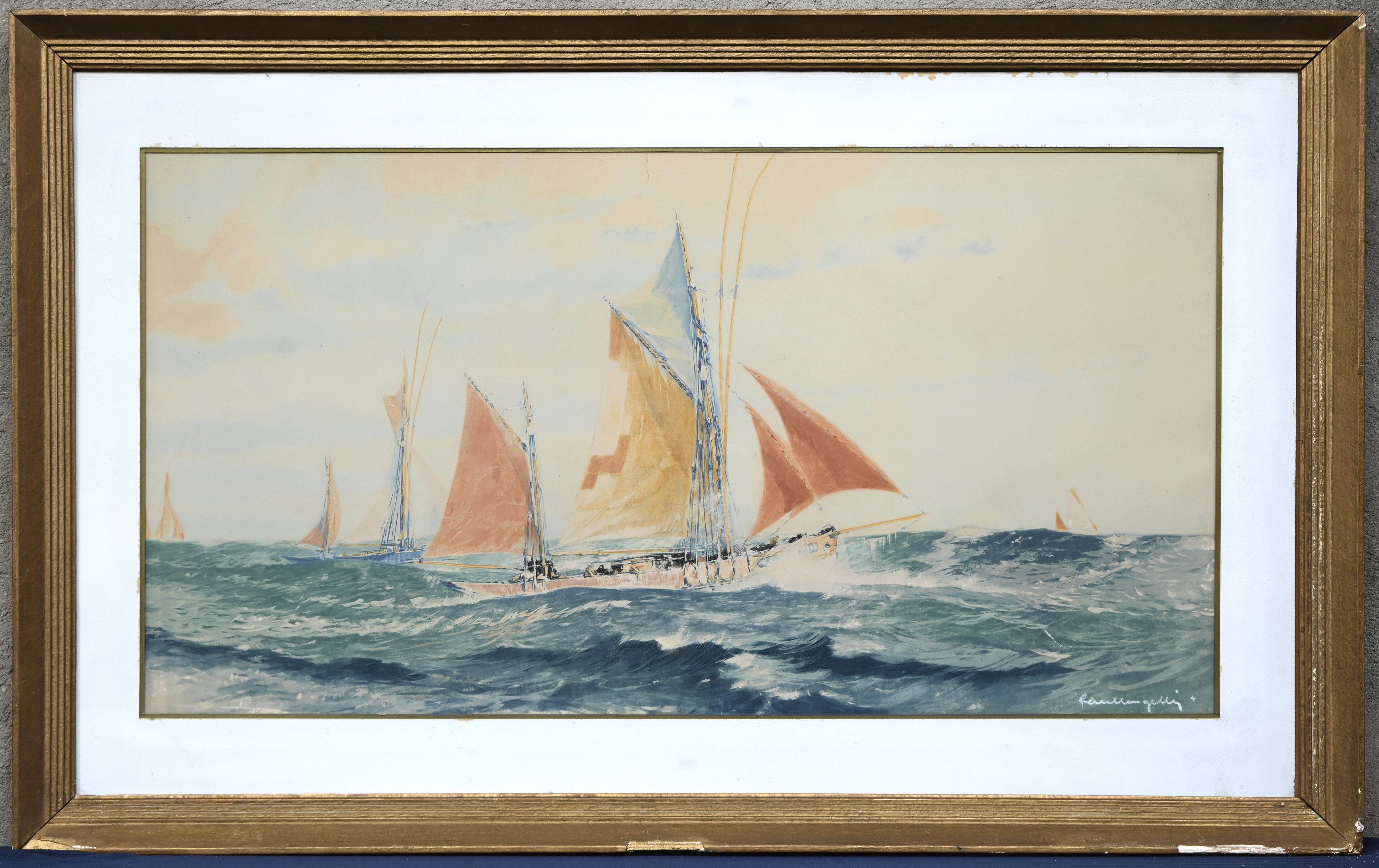 “Zeiljachten op zee”. Een schilderij, gemengde techniek op papier. Onderaan gesigneerd “Zeiljachten op zee”. Een schilderij, gemengde techniek op papier. Onderaan gesigneerd.