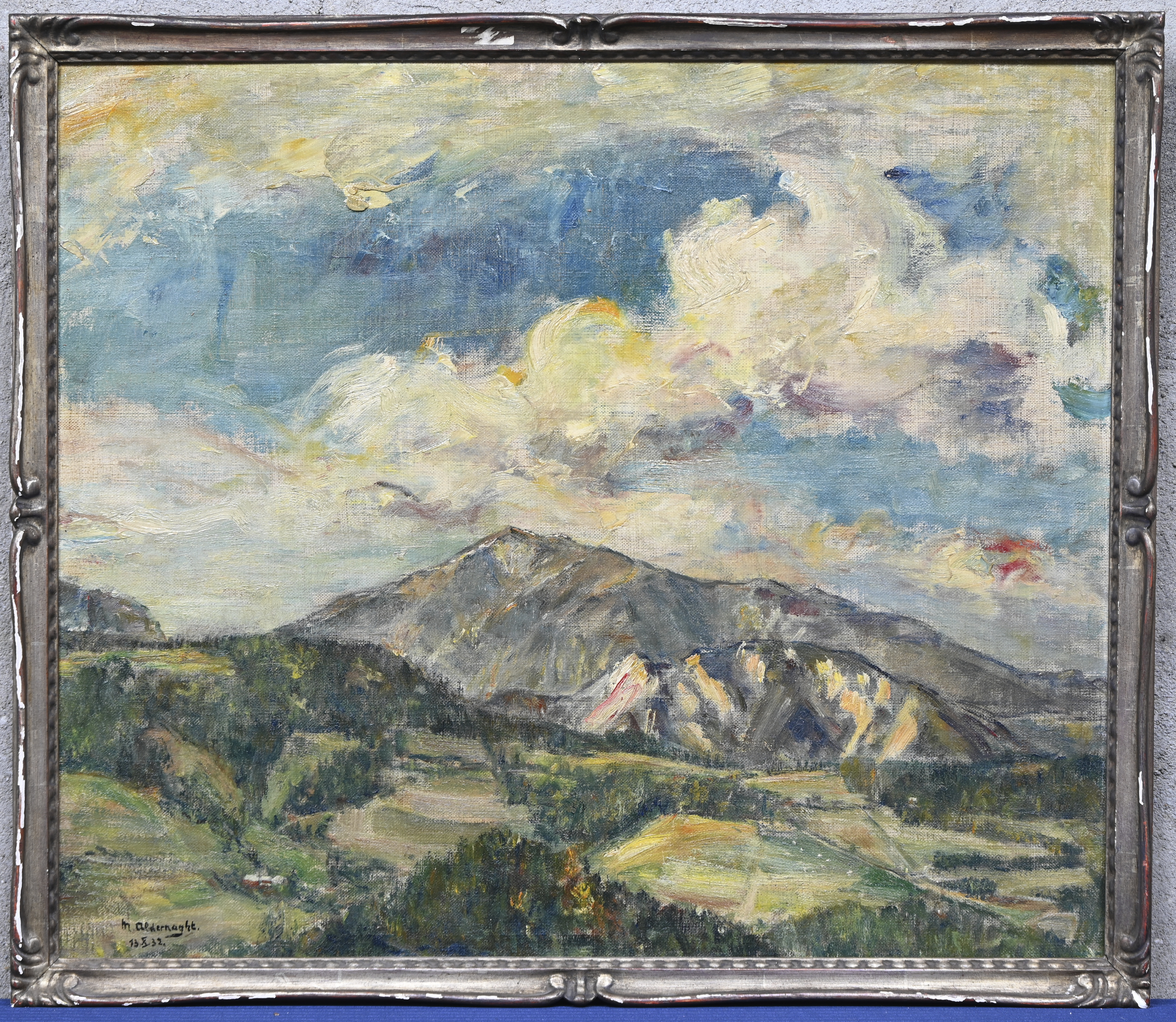 “Berggezicht”. Een schilderij, olieverf op doek. Onderaan gesigneerd “Berggezicht”. Een schilderij, olieverf op doek. Onderaan gesigneerd.