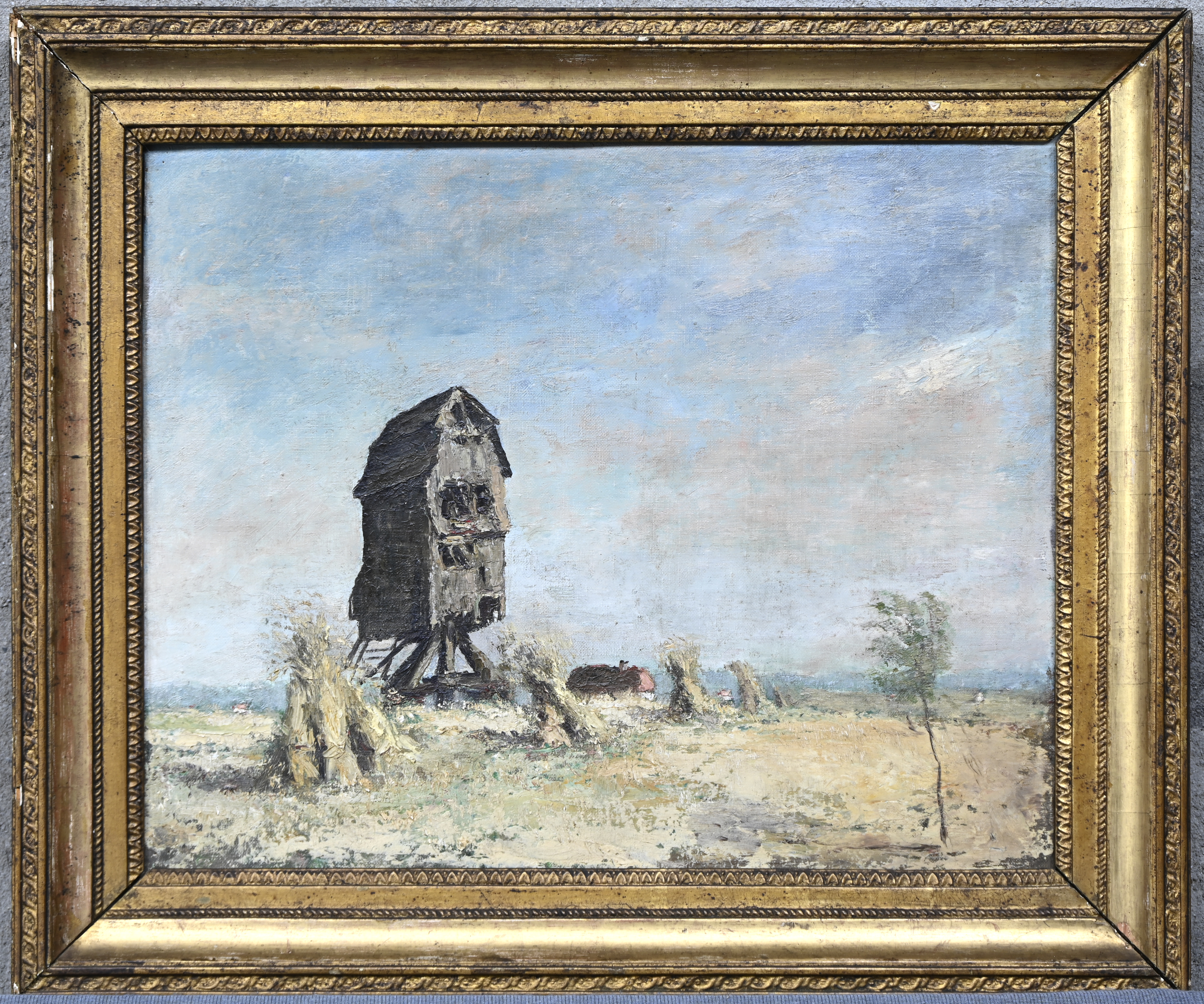 “Hooischoven aan de oude molen”, een schilderij, olieverf op doek, niet gesigneerd “Hooischoven aan de oude molen”, een schilderij, olieverf op doek, niet gesigneerd.