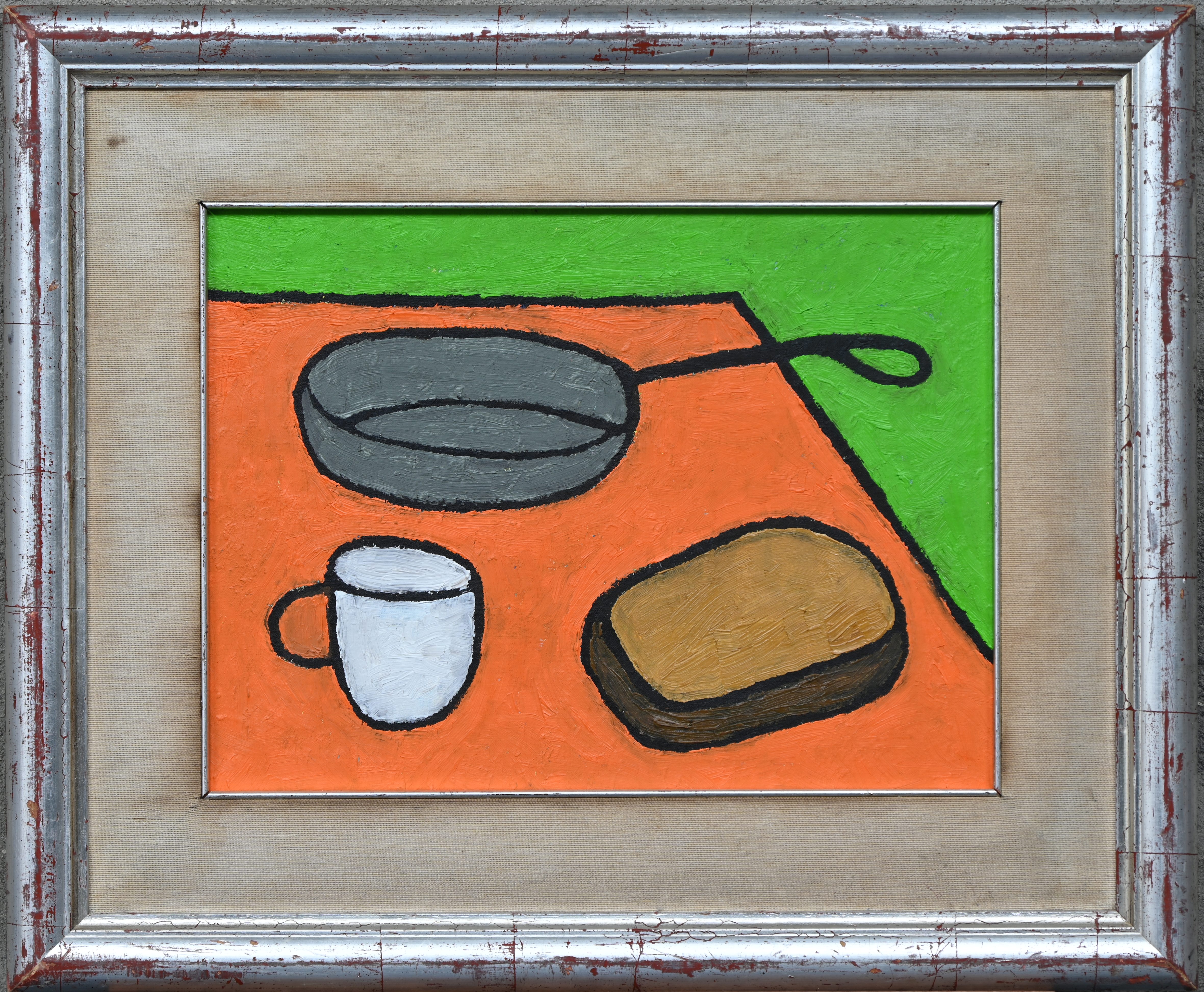 ‘Stilleven met steelpan’, een art-brut olieverfschilderij op doek. In de stijl van William Scott. Niet gesigneerd ‘Stilleven met steelpan’, een art-brut olieverfschilderij op doek. In de stijl van William Scott. Niet gesigneerd.