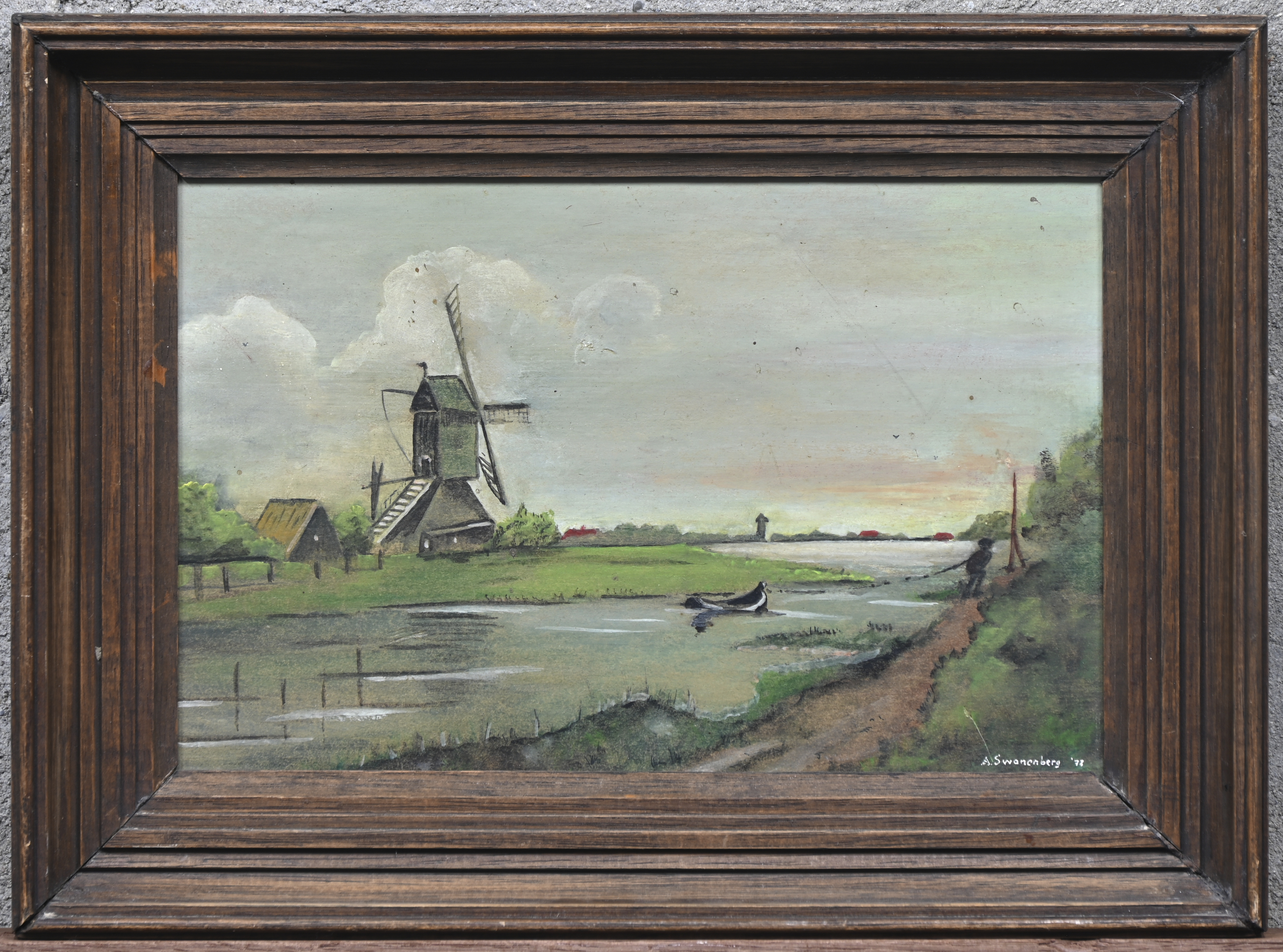 “Landschap met molen”, een schilderij, olieverf op paneel, gesigneerd A. Swanenberg en gedateerd ‘77’ “Landschap met molen”, een schilderij, olieverf op paneel, gesigneerd A. Swanenberg en gedateerd ‘77’.