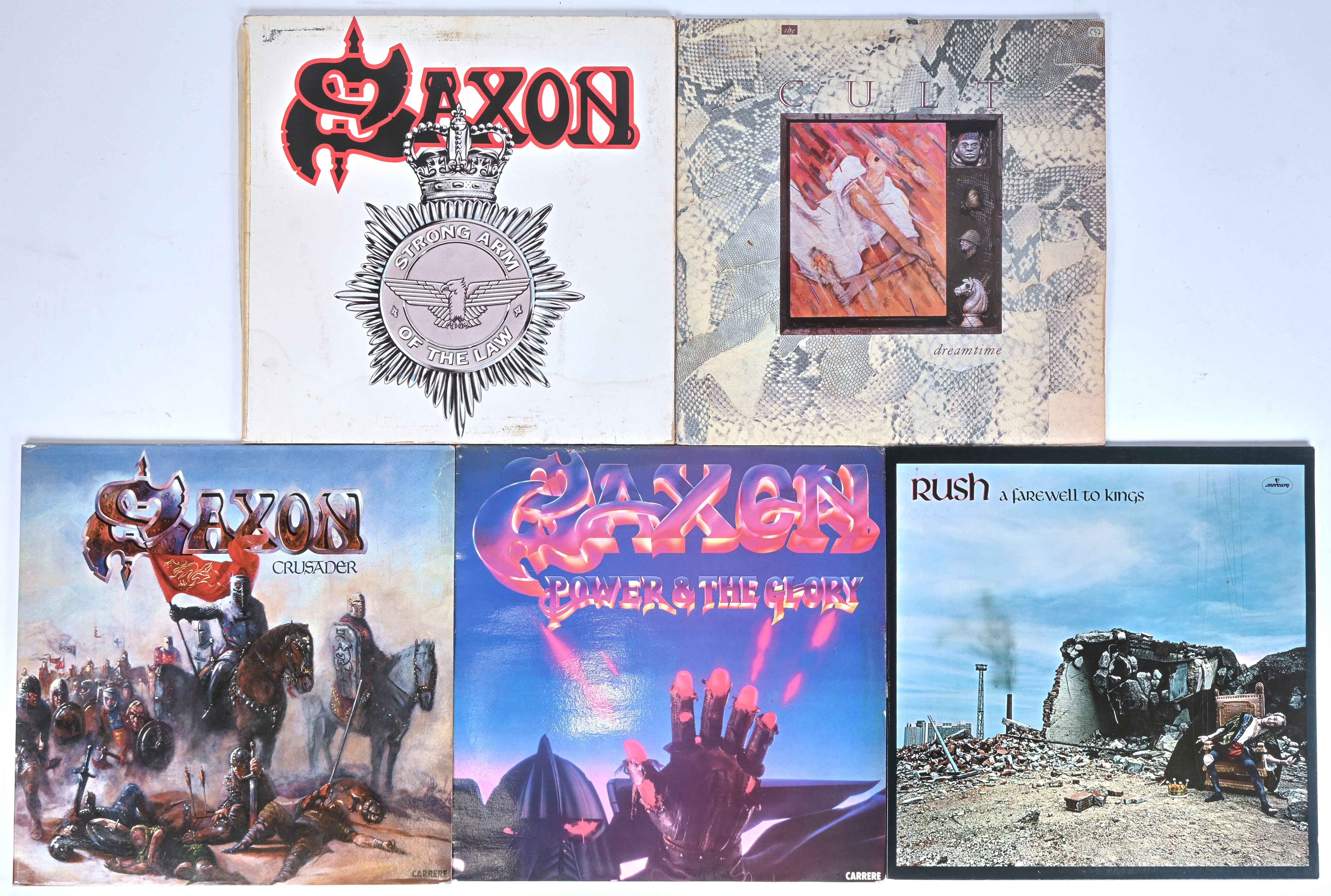 Vijf langspeelplaten: Rush - A Farewell To Kings, Cult - Dreamtime, Saxon - Power & the Glory, Crusader en Strong arm of the law Vijf langspeelplaten: Rush - A Farewell To Kings, Cult - Dreamtime, Saxon - Power & the Glory, Crusader en Strong arm of the law.