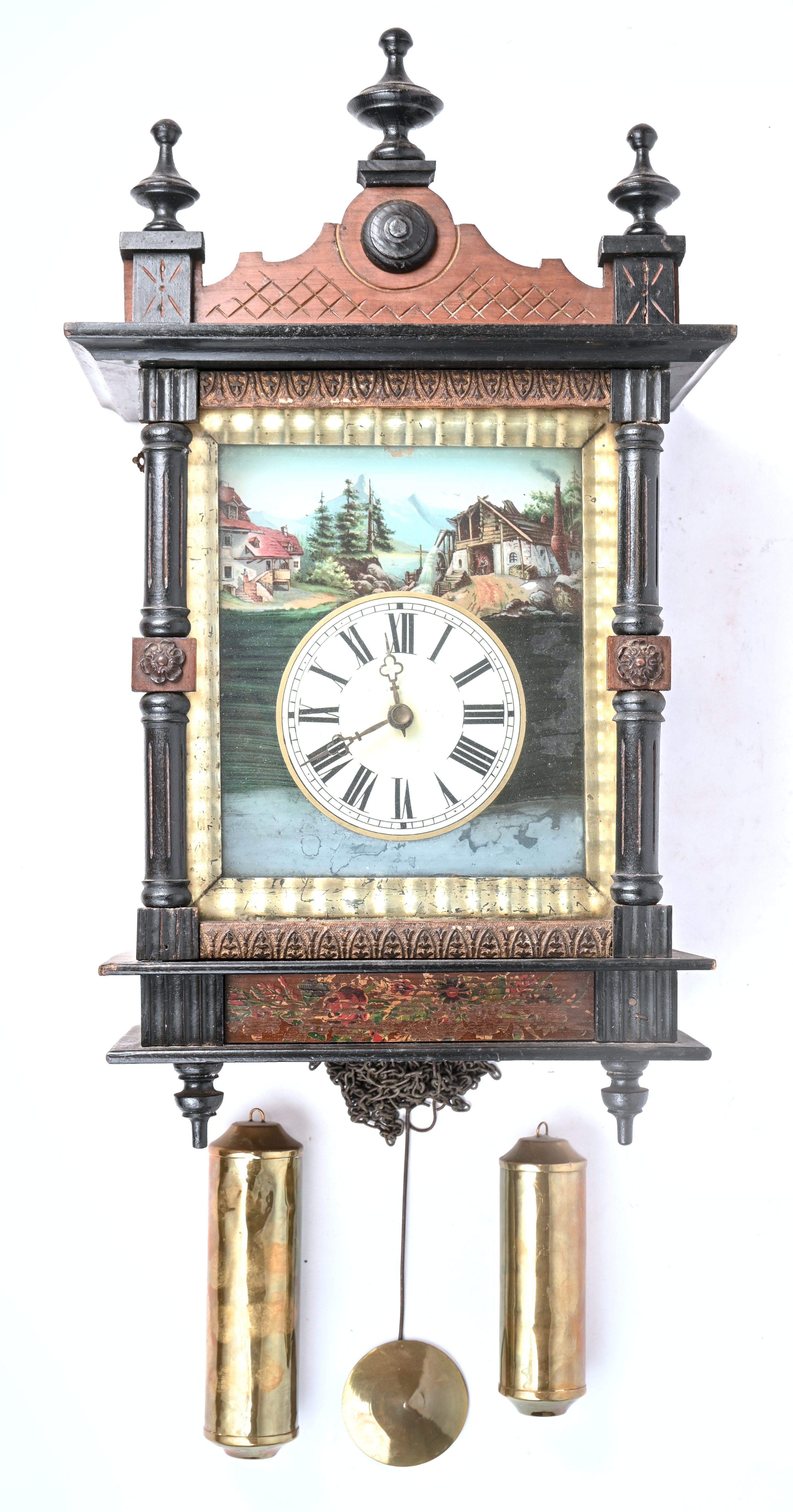 Wandklok met eglomisé landschapdecor, omstreeks 1900 Wandklok met eglomisé landschapdecor, omstreeks 1900.