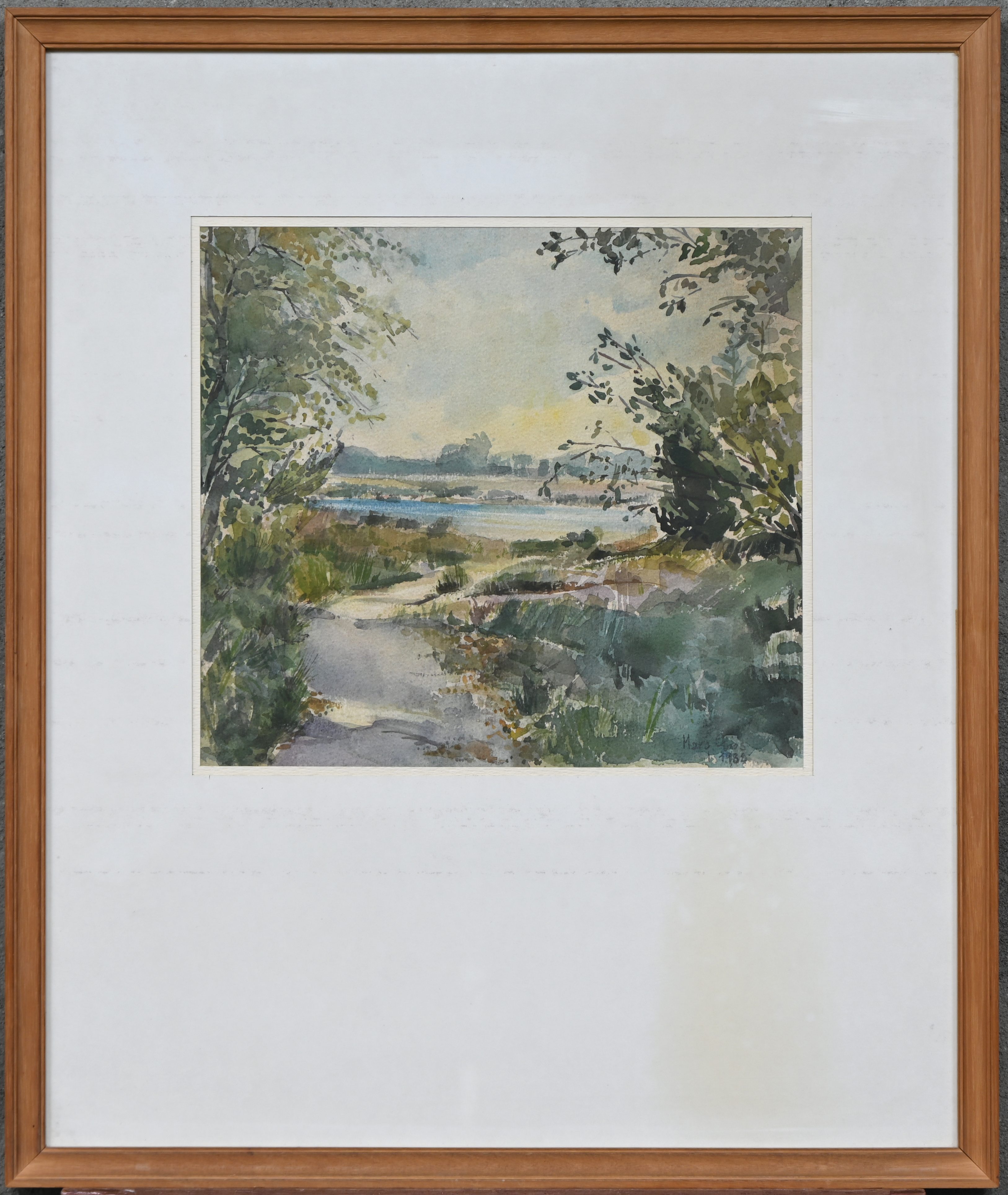 ‘Landschap met waterpartij’, een aquarel. Getekend Marc Goos, 1982 ‘Landschap met waterpartij’, een aquarel. Getekend Marc Goos, 1982.