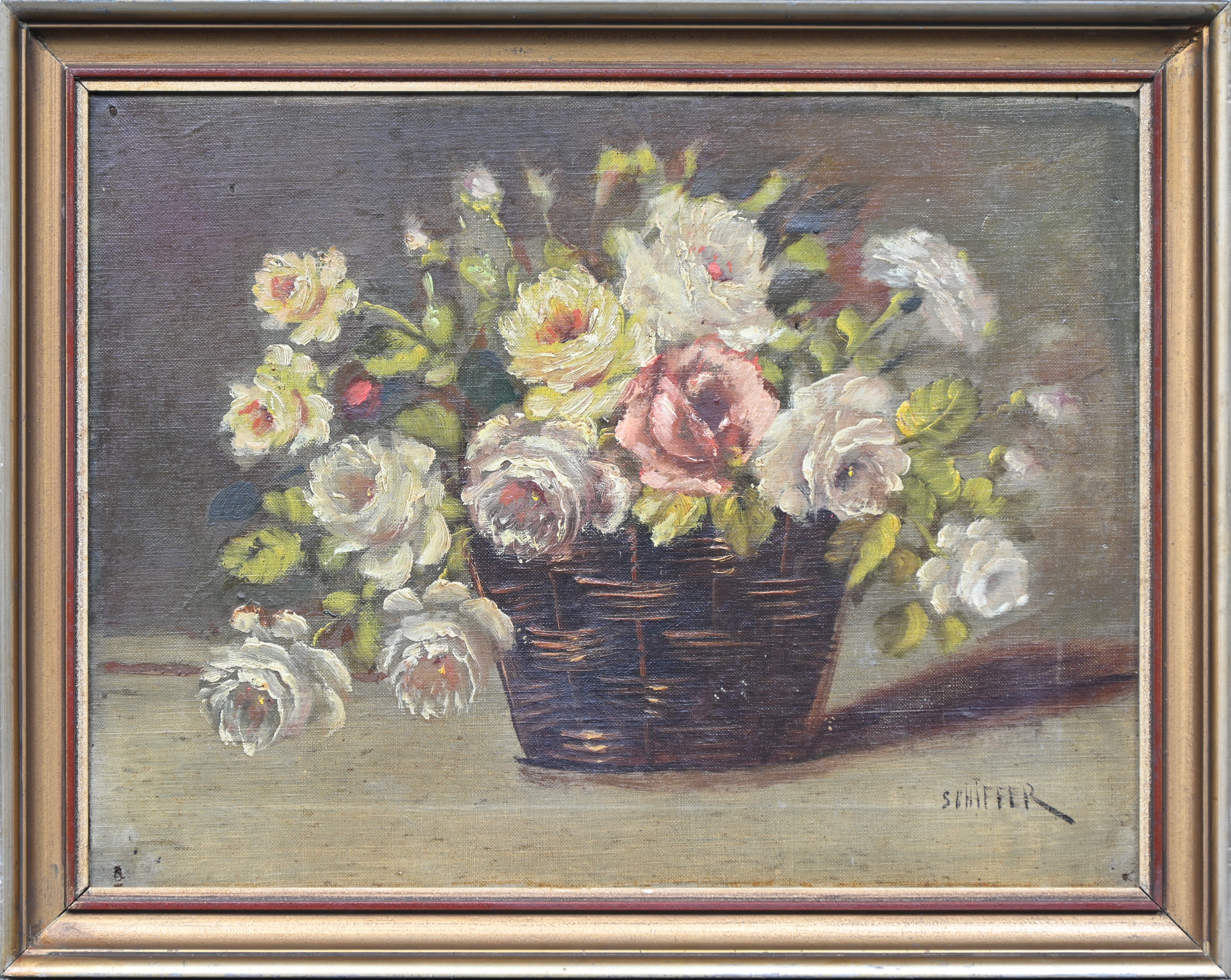‘Bloemenstilleven’, een olieverfschilderij op doek. Getekend ‘Schiffer’ ‘Bloemenstilleven’, een olieverfschilderij op doek. Getekend ‘Schiffer’.
