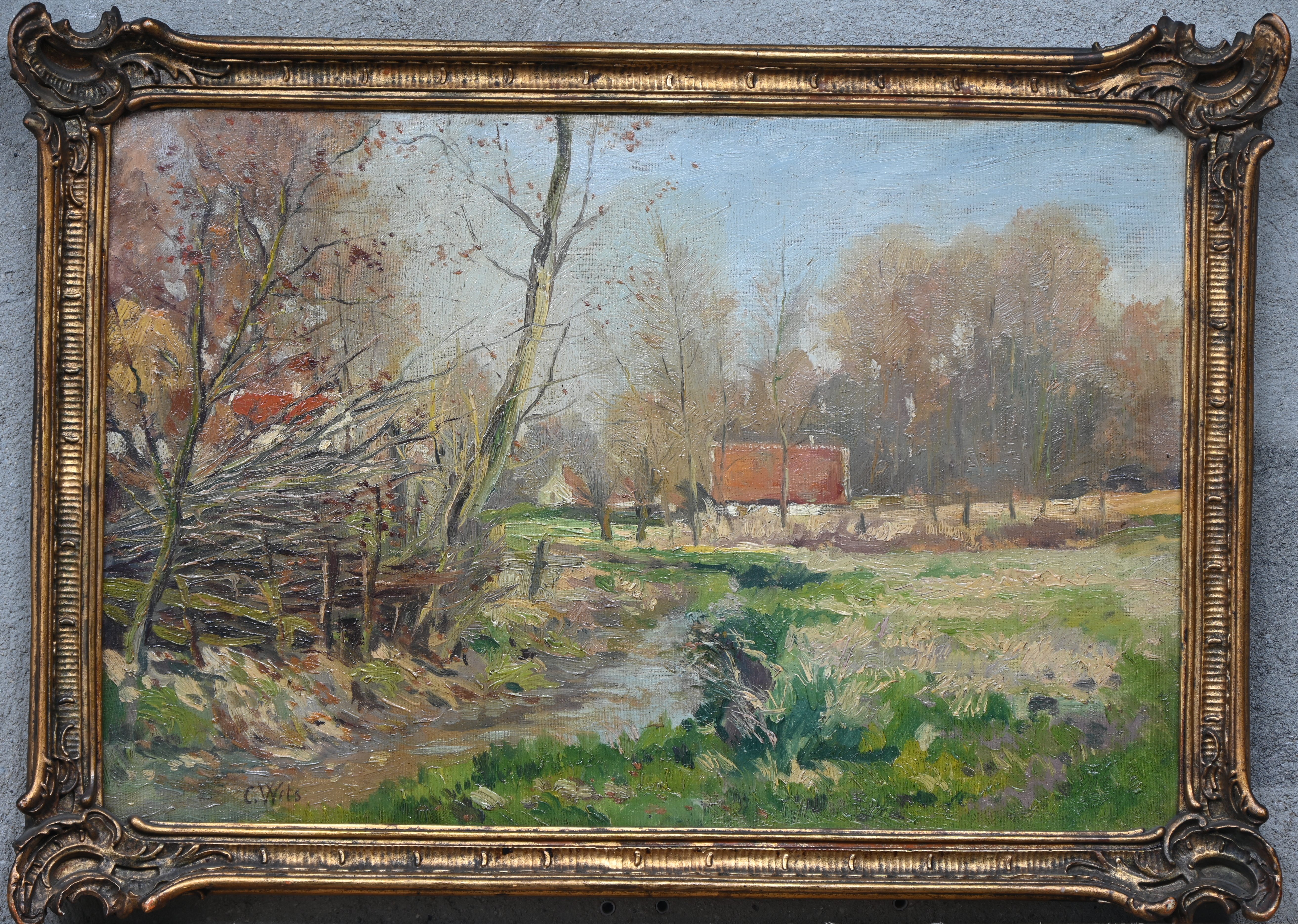 ‘Herfstlandschap met hoeve’, een postimpressionistisch olieverfschilderij op doek. Getekend C. Wets. In goudkleurige kader ‘Herfstlandschap met hoeve’, een postimpressionistisch olieverfschilderij op doek. Getekend C. Wets. In goudkleurige kader.