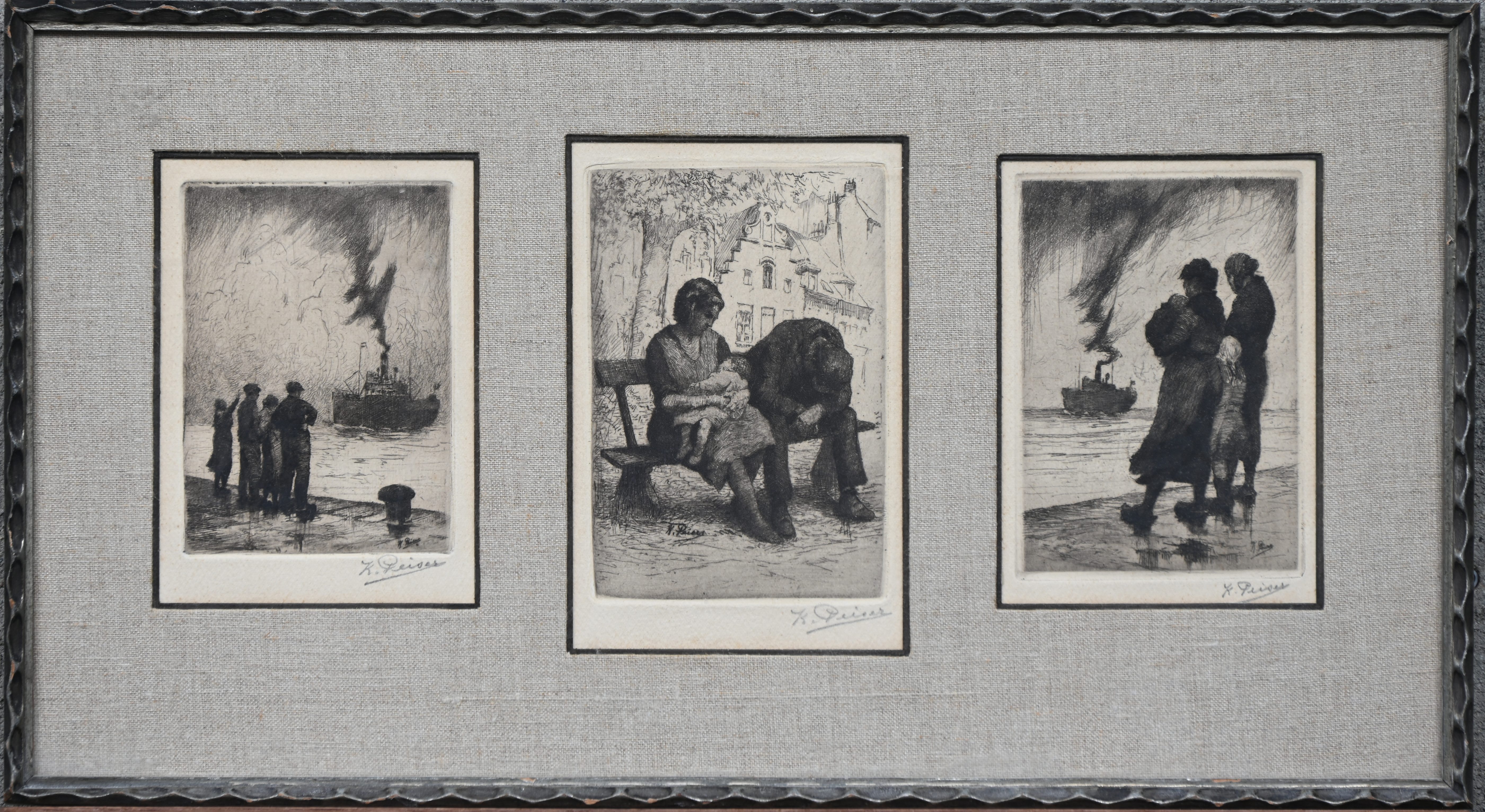 ‘Afscheid van het Stoomschip’ & ‘De Werkloze’, drie monochrome etsen in één kader. Gesigneerd binnen en buiten de plaat ‘Afscheid van het Stoomschip’ & ‘De Werkloze’, drie monochrome etsen in één kader. Gesigneerd binnen en buiten de plaat.