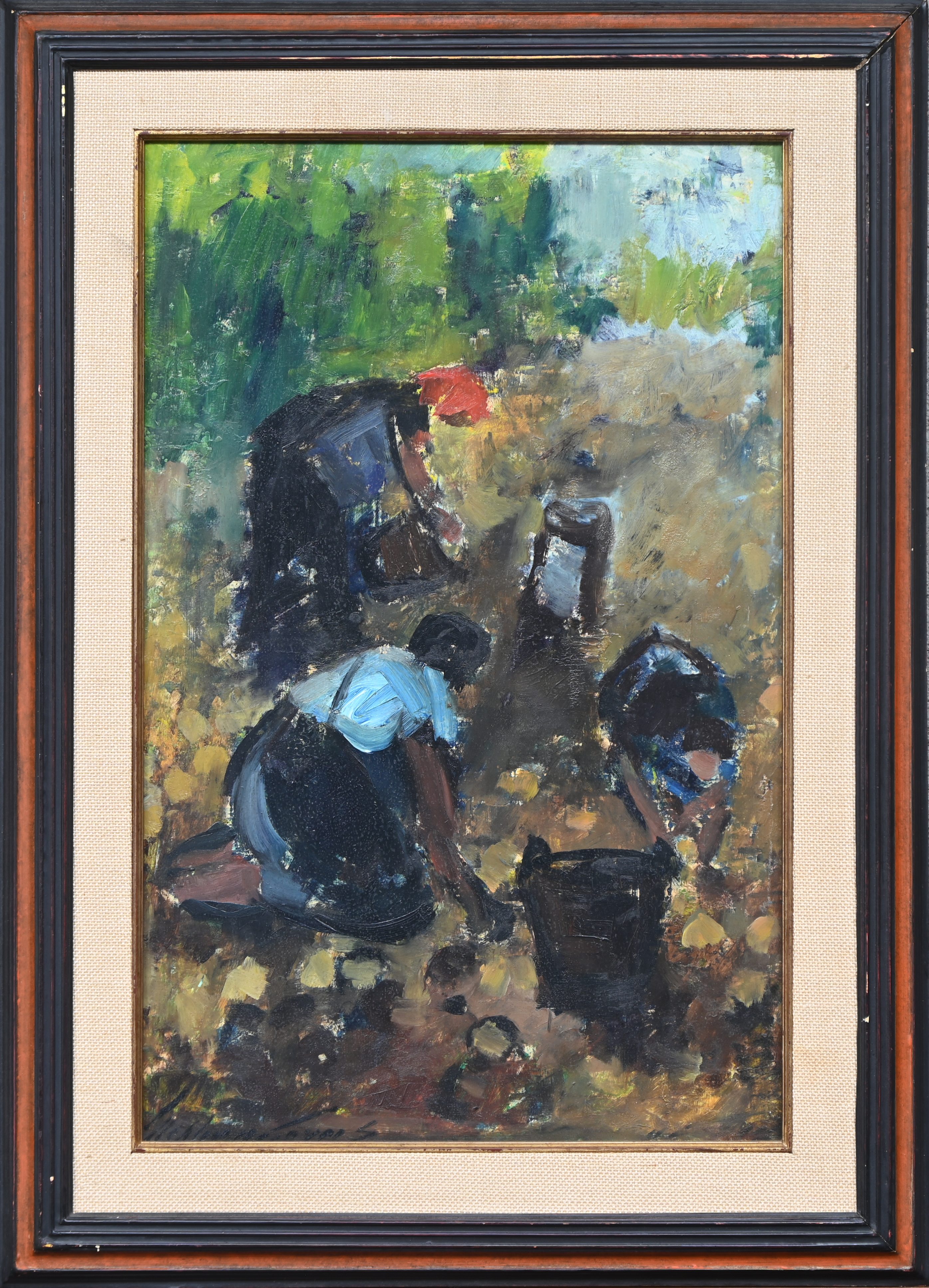‘De Aardappeloogst’, een impressionistische olieverfstudie op paneel. Gesigneerd ‘De Aardappeloogst’, een impressionistische olieverfstudie op paneel. Gesigneerd.