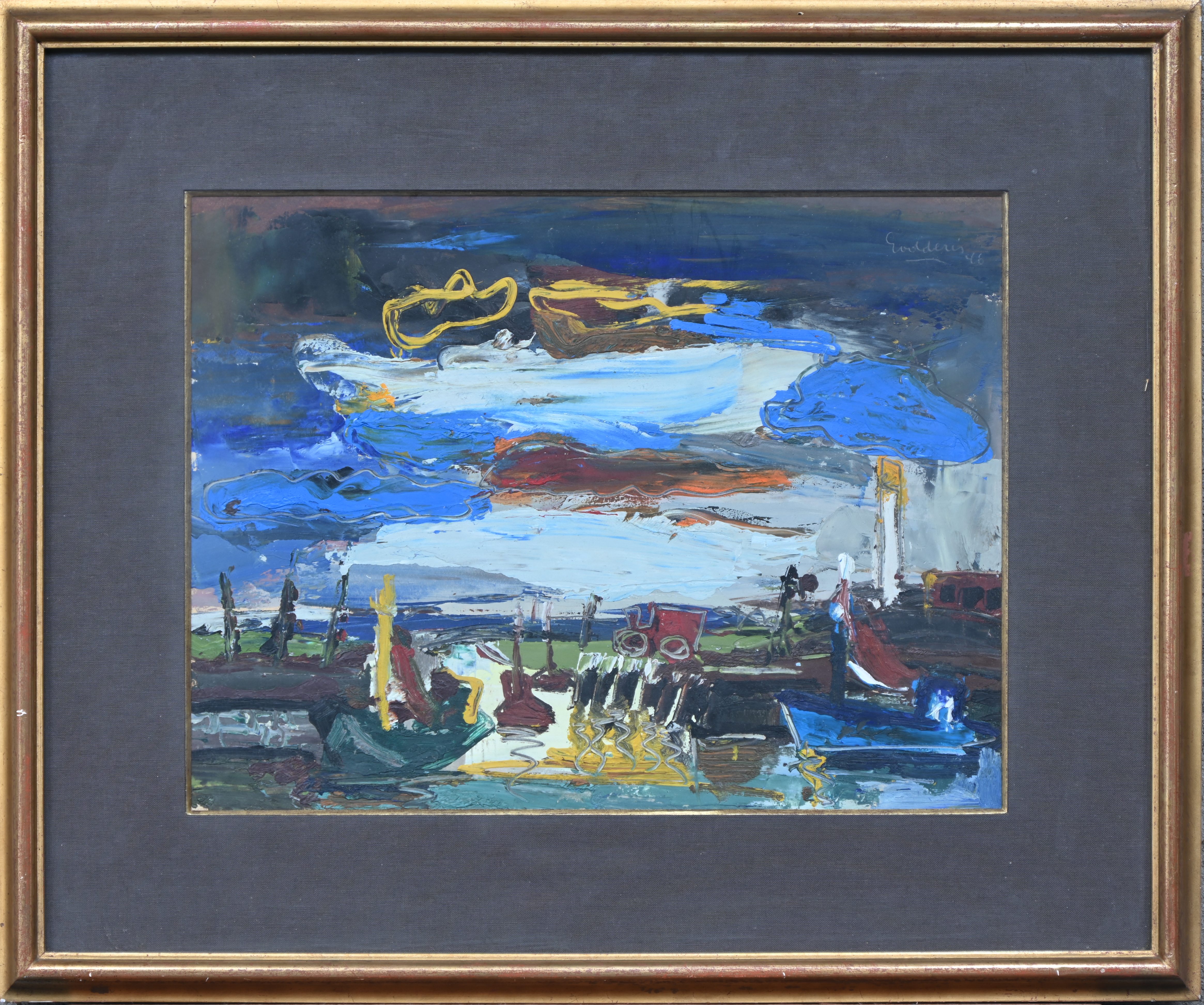 ‘Marine’, een expressionistisch olieverfschilderij op papier. Gesigneerd en gedateerd ‘46 ‘Marine’, een expressionistisch olieverfschilderij op papier. Gesigneerd en gedateerd ‘46.