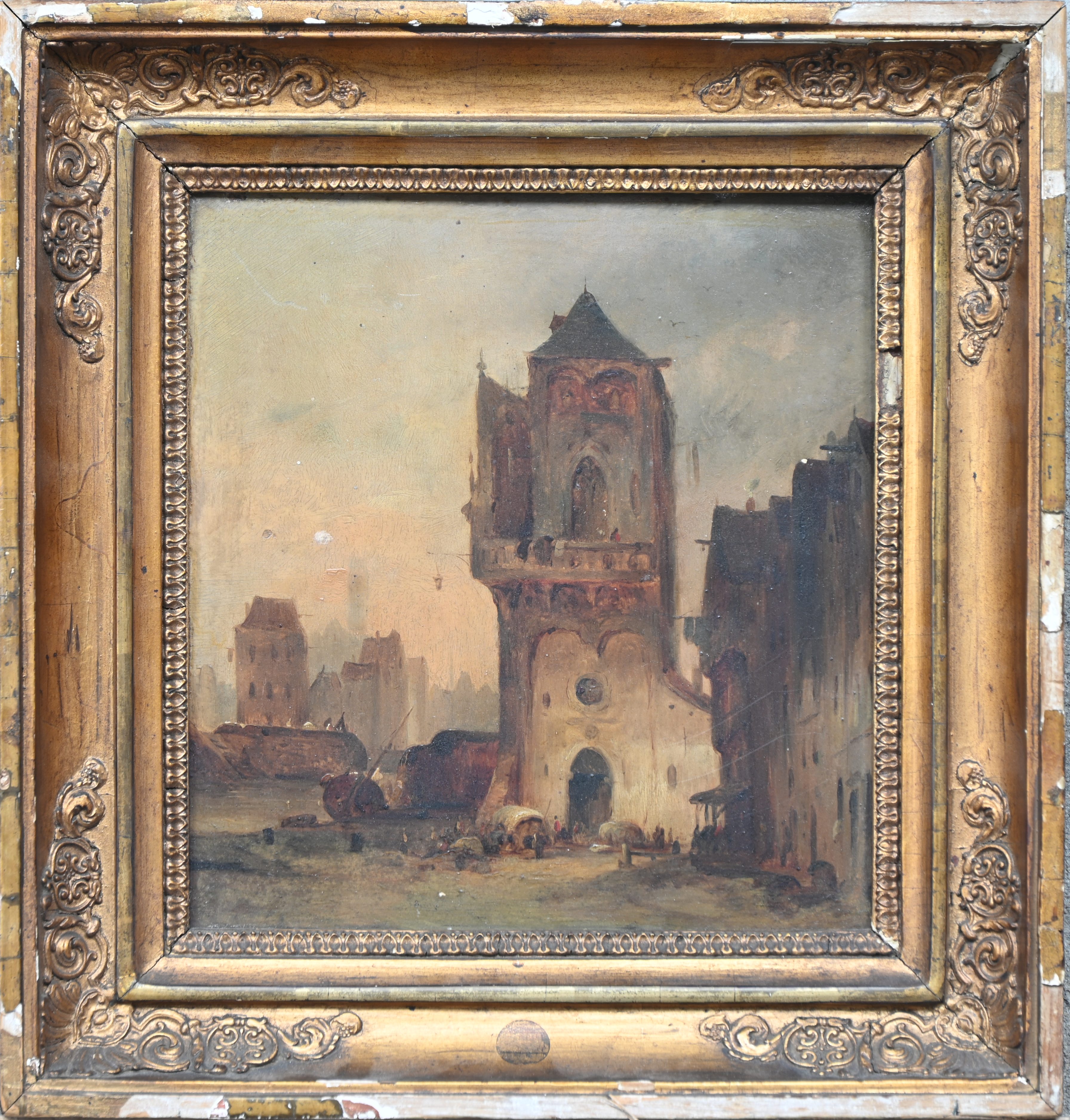 ‘Middeleeuws stadsbeeld’, een olieverfschilderij op paneel. Naar de 19e eeuw ‘Middeleeuws stadsbeeld’, een olieverfschilderij op paneel. Naar de 19e eeuw.
