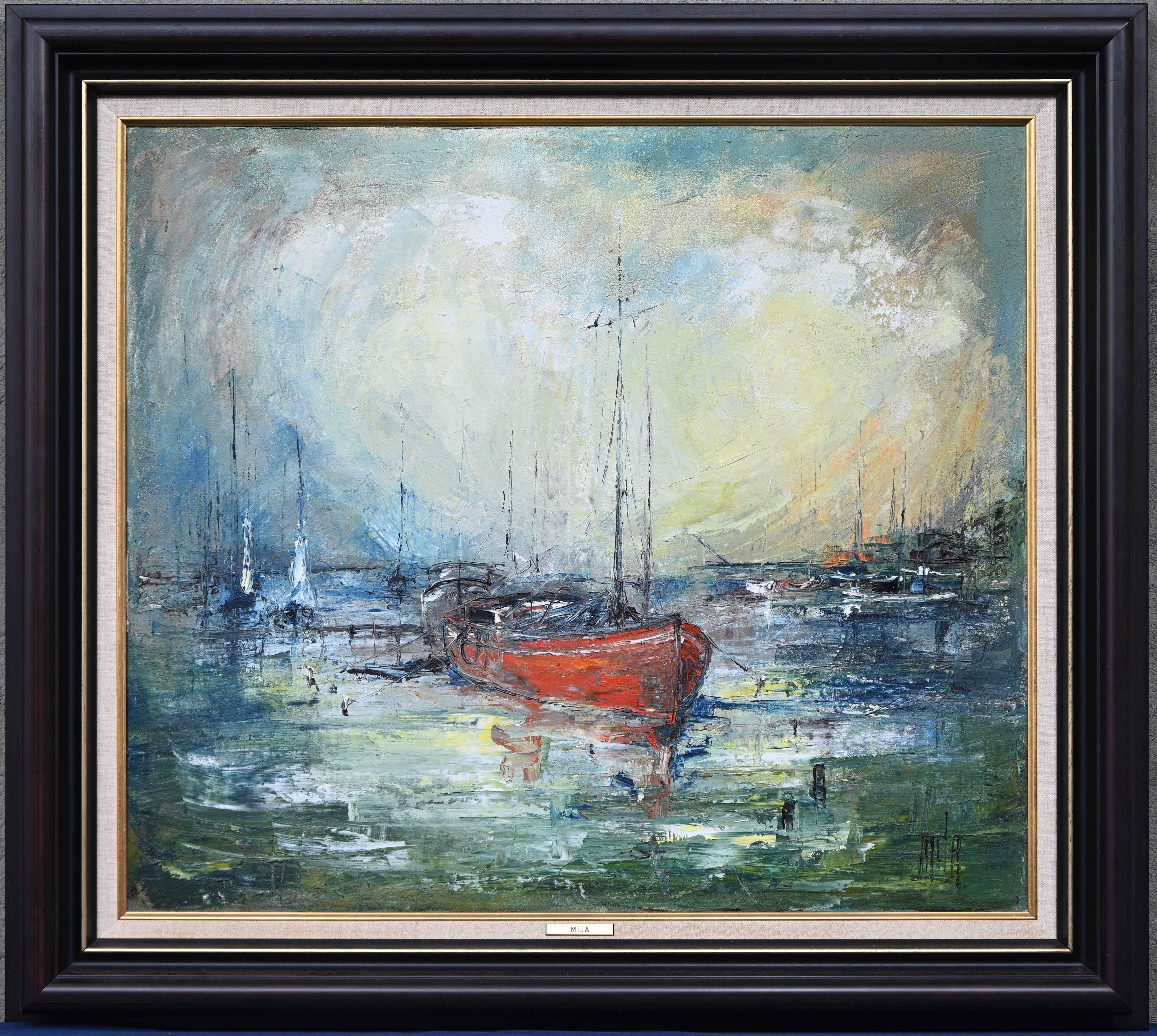 “Boten”, een schilderij, olieverf op doek, gesigneerd Mija “Boten”, een schilderij, olieverf op doek, gesigneerd Mija.