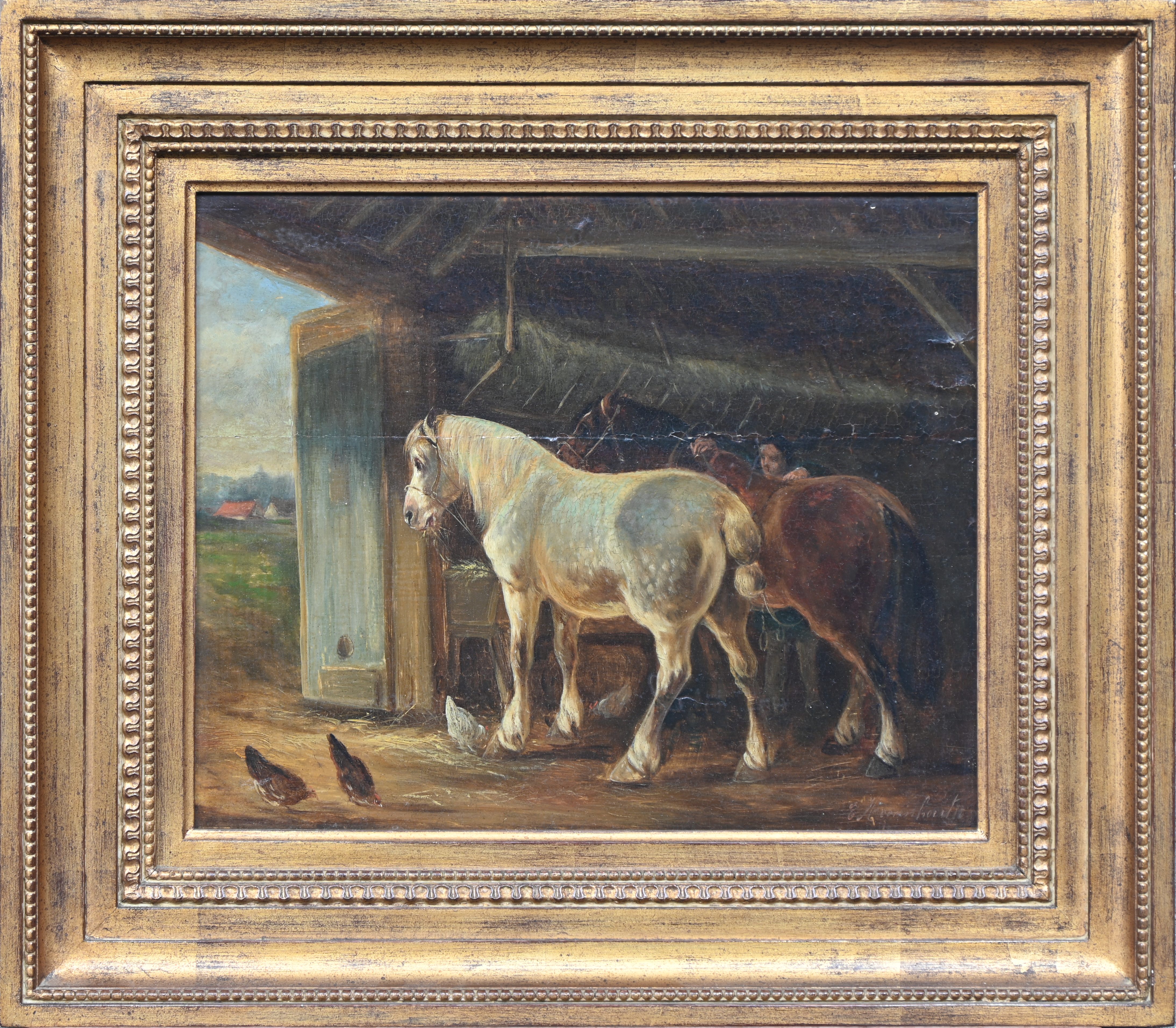 ‘Stalzicht met paarden’, een 19e eeuws olieverfschilderij op paneel. Gesigneerd ‘Stalzicht met paarden’, een 19e eeuws olieverfschilderij op paneel. Gesigneerd.