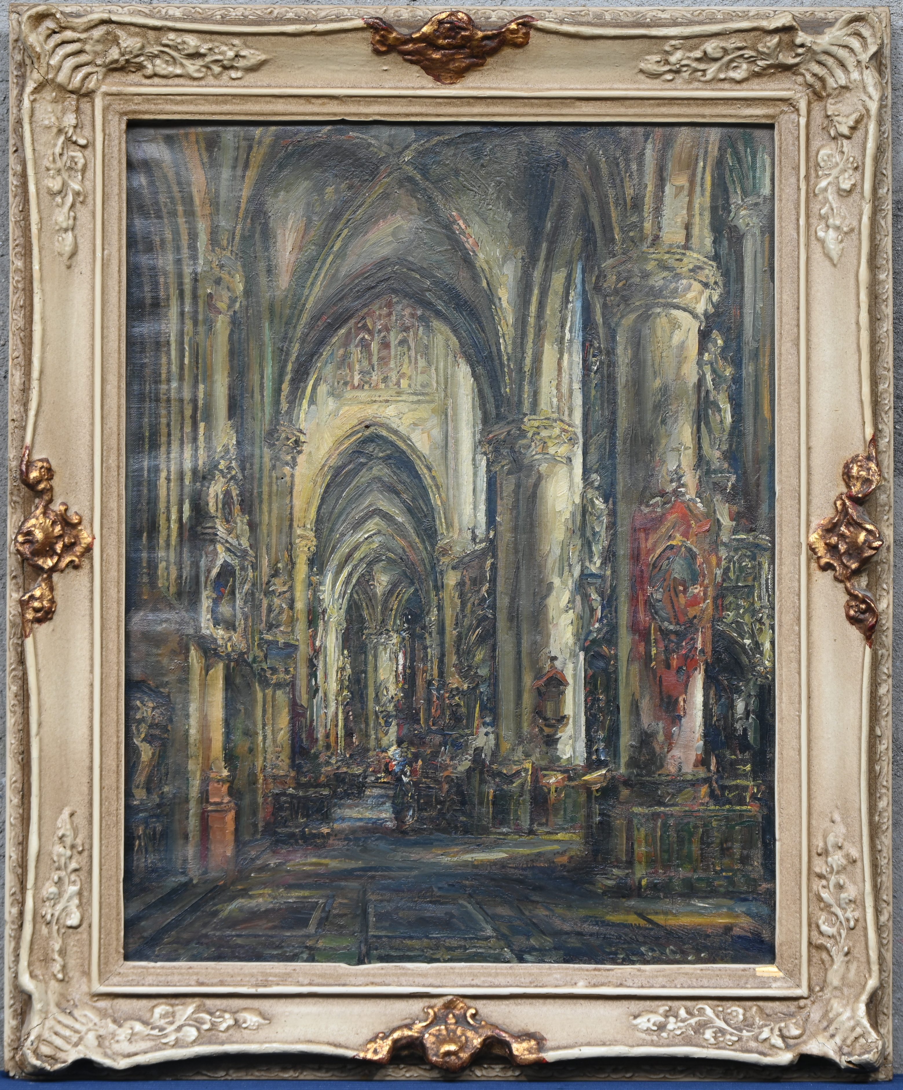 ‘Kerkinterieur’, een olieverfschilderij op doek. Getekend ‘F. Ros’ ‘Kerkinterieur’, een olieverfschilderij op doek. Getekend ‘F. Ros’.