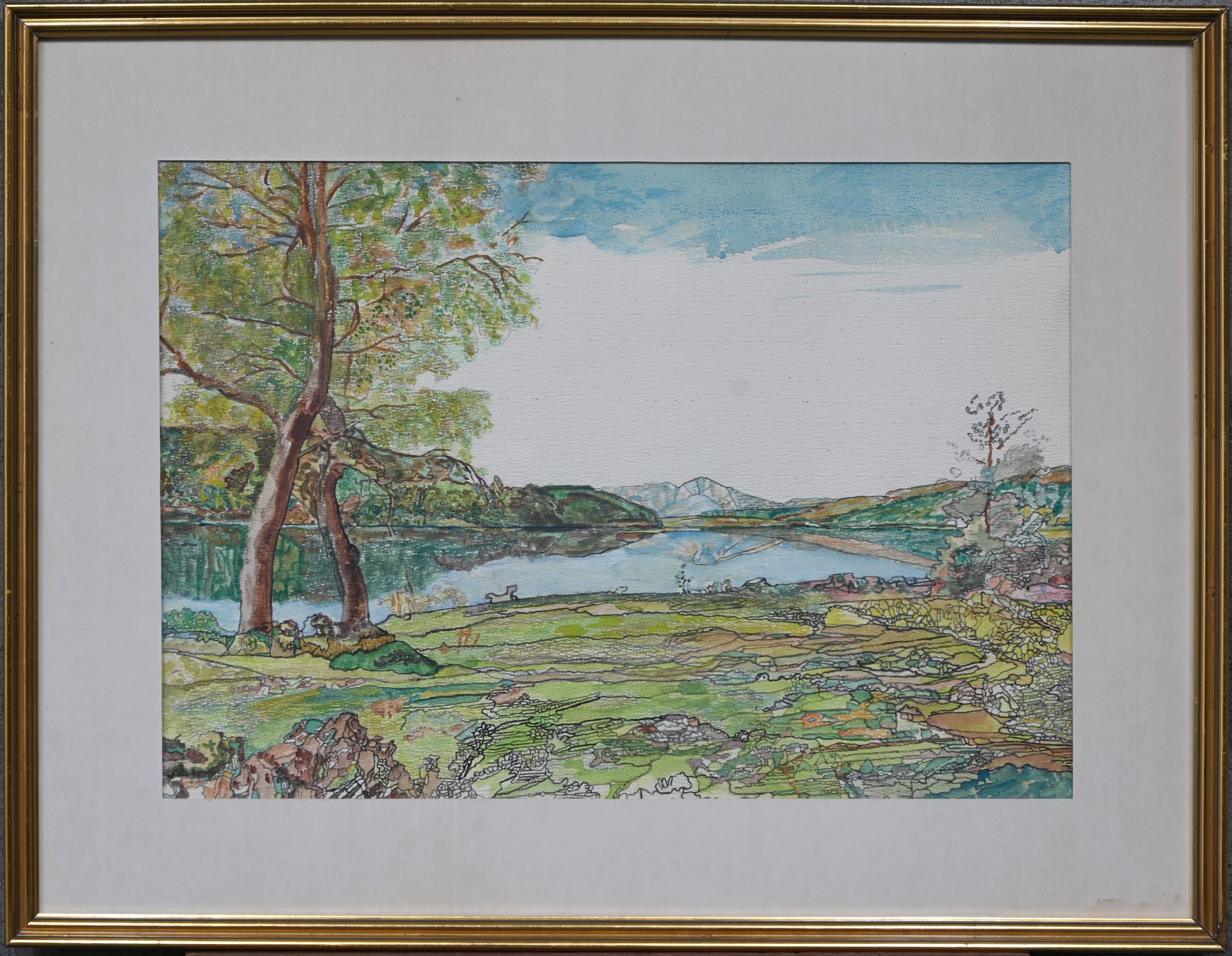 “Bergmeer”, een aquarel op papier, gesigneerd stempel van Prins Karel van België “Bergmeer”, een aquarel op papier, gesigneerd stempel van Prins Karel van België.