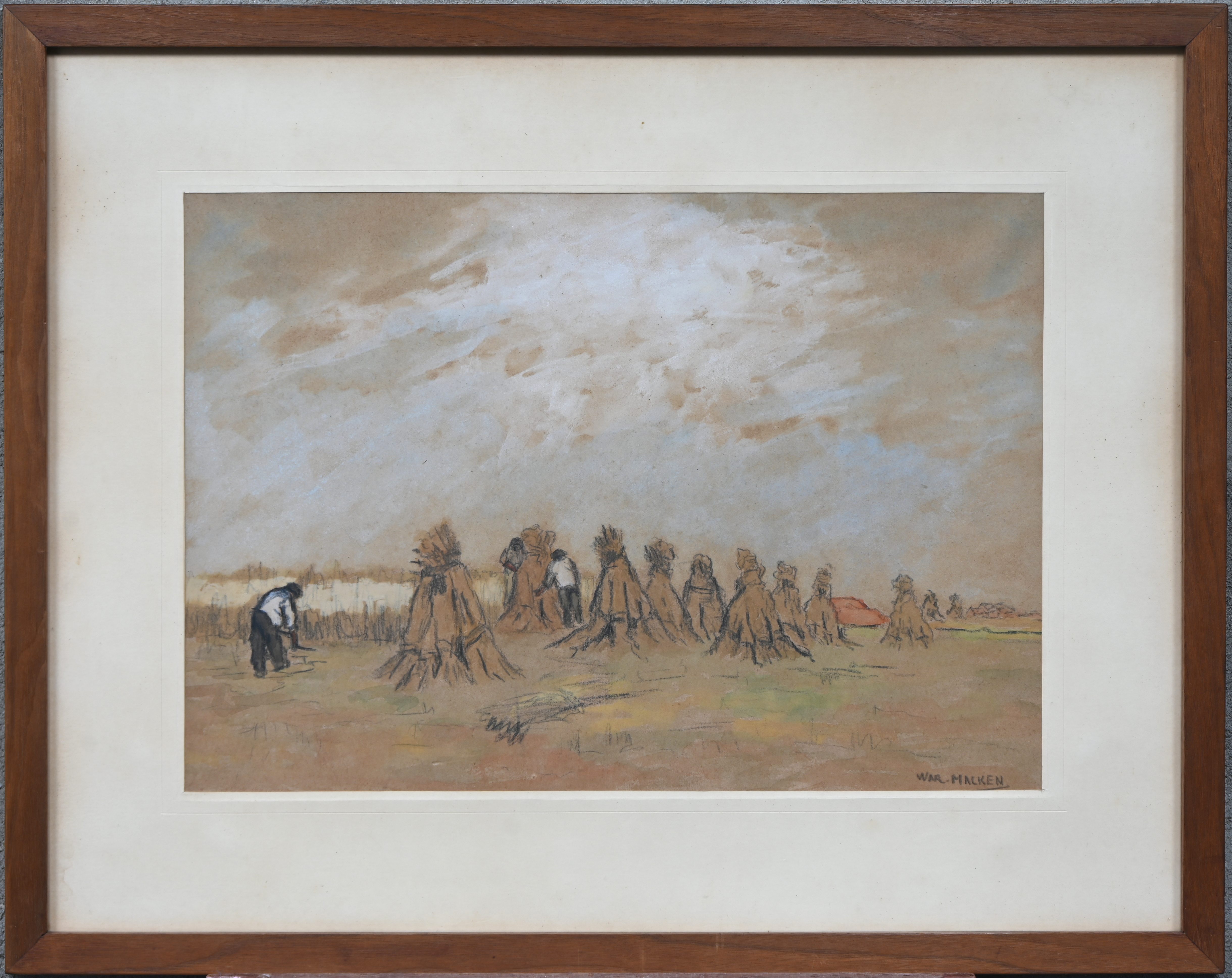 “Landschap met hooischoven”, gemengde techniek op papier, gesigneerd “Landschap met hooischoven”, gemengde techniek op papier, gesigneerd.