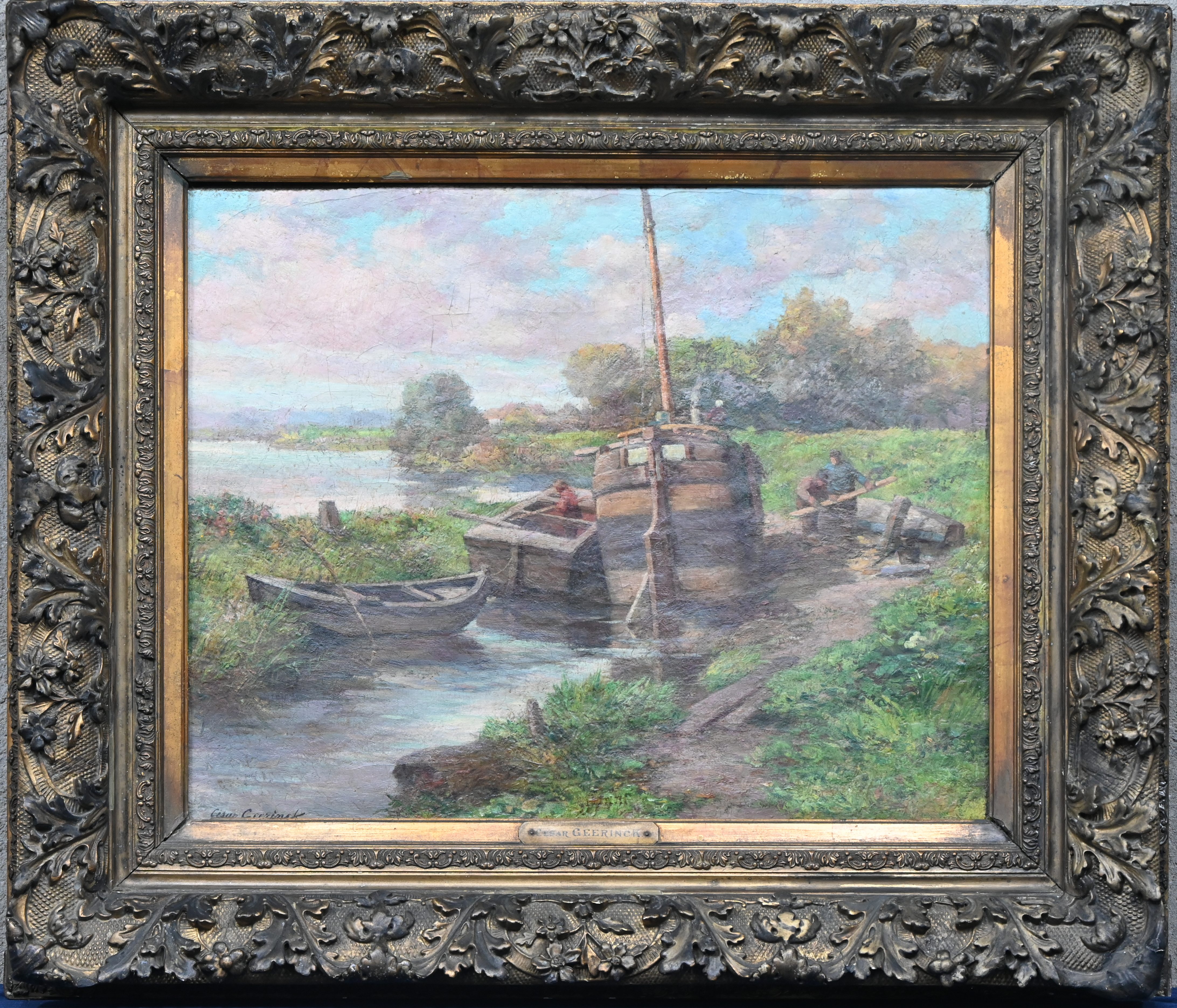 “Bootjes aan de waterkant”, een schilderij, olieverf op doek in vergulde kader, gesigneerd “Bootjes aan de waterkant”, een schilderij, olieverf op doek in vergulde kader, gesigneerd.