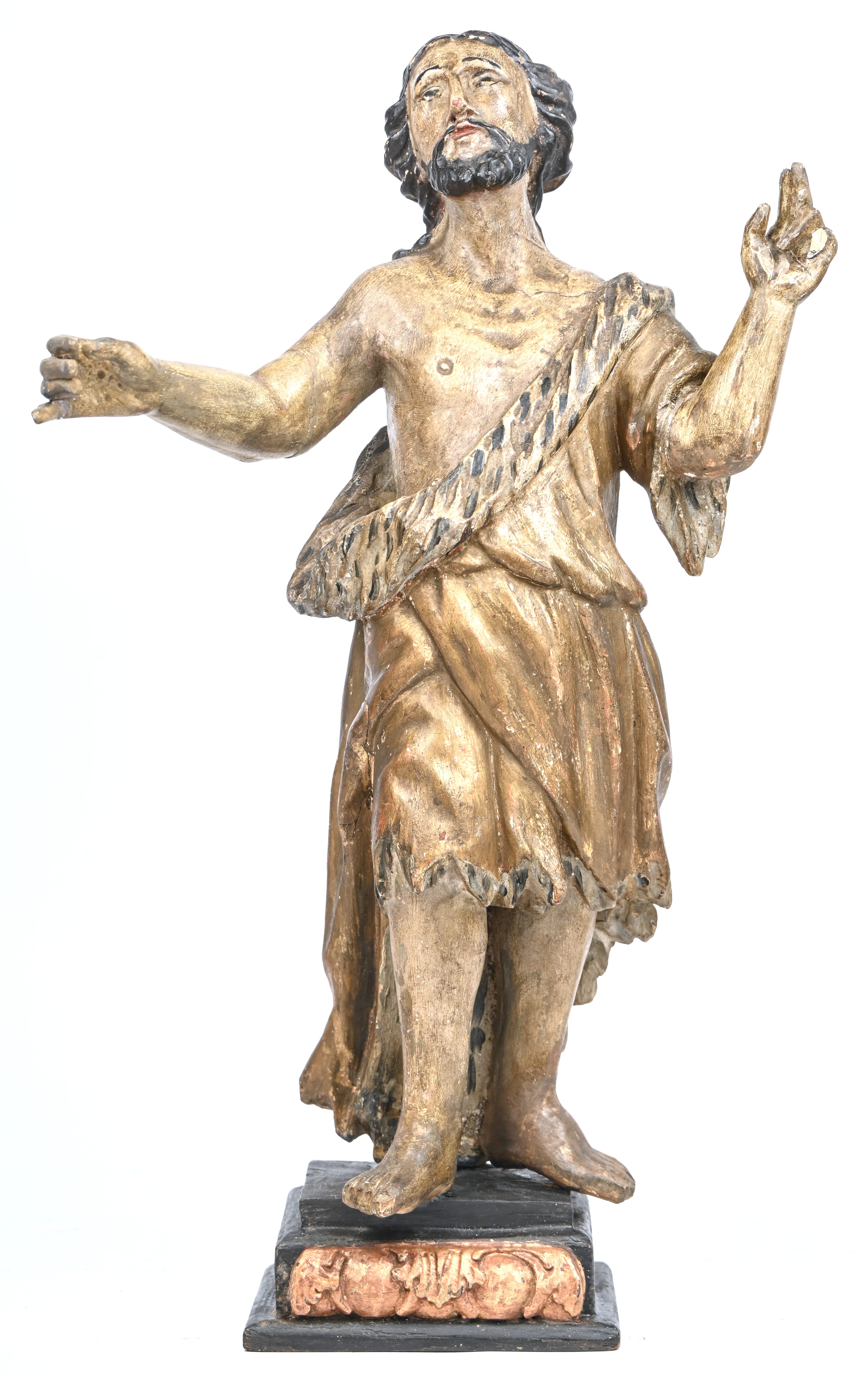 “Johannes de doper”, een gepolychromeerd houten beeld, 18e eeuws. Sokkel niet origineel, pink manco “Johannes de doper”, een gepolychromeerd houten beeld, 18e eeuws. Sokkel niet origineel, pink manco.