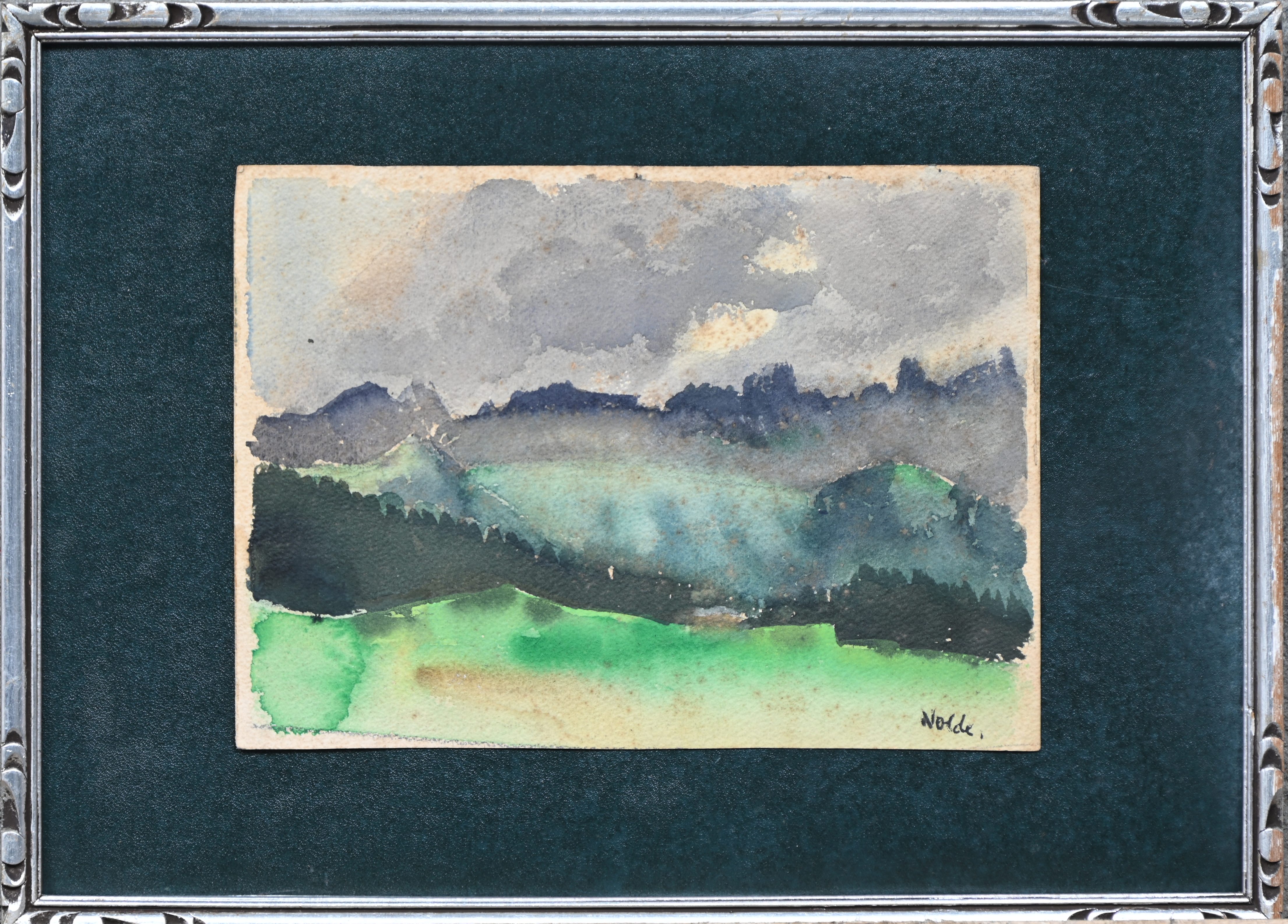 ‘Landschap’, een aquarelstudie op papier. Draagt een niet geverifieerde handtekening: ‘Nolde’ ‘Landschap’, een aquarelstudie op papier. Draagt een niet geverifieerde handtekening: ‘Nolde’.