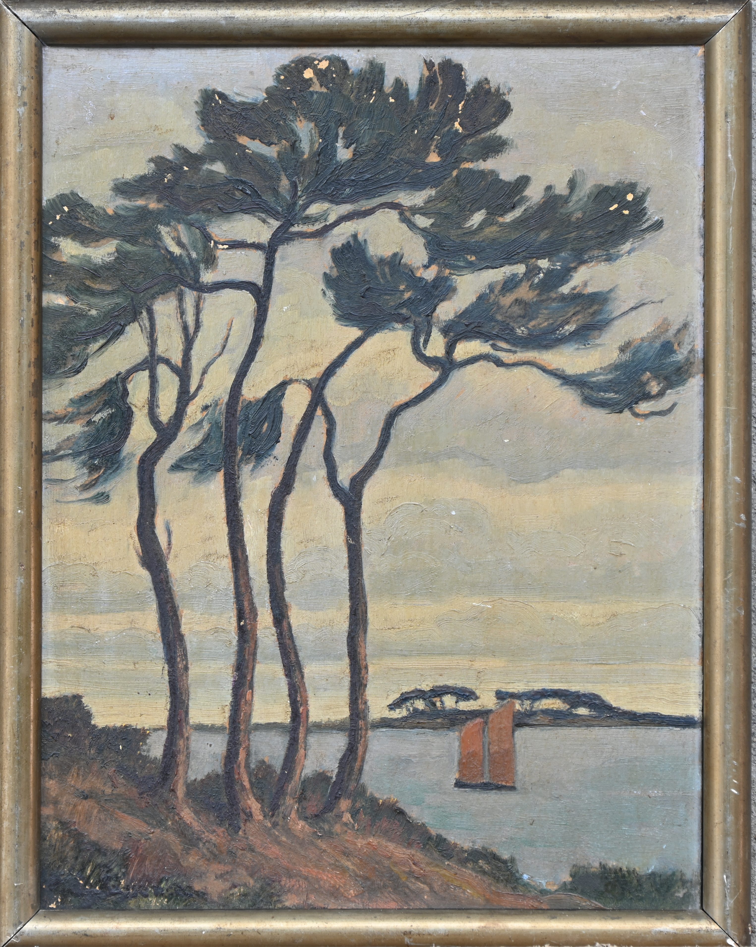 ‘Naaldbomen aan de waterkant, Morbihan’. Een olieverfstudie op karton. Getekend Lassence ‘Naaldbomen aan de waterkant, Morbihan’. Een olieverfstudie op karton. Getekend Lassence.