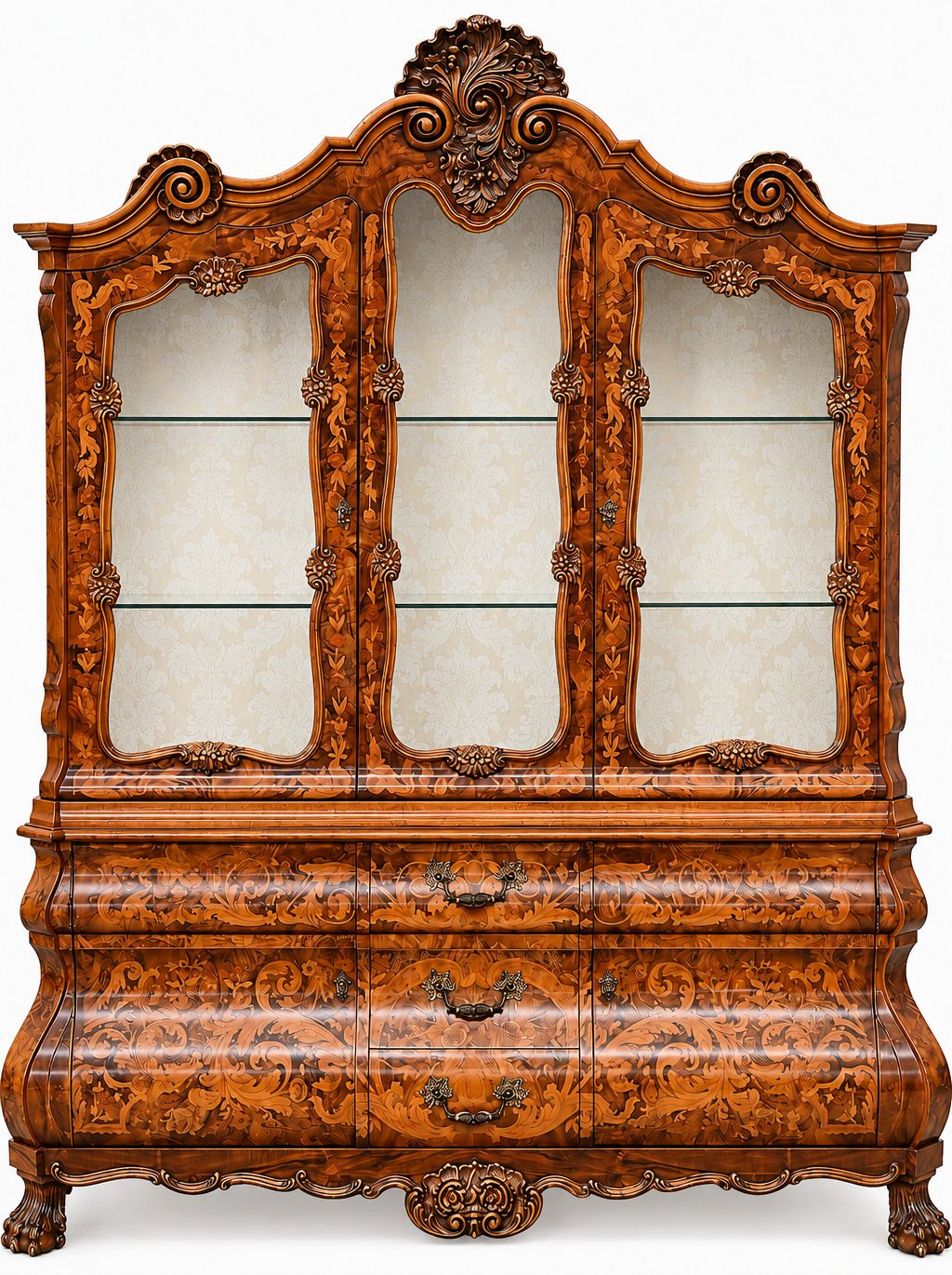 Een vitrinekast in marqueterie, 4 deuren en 3 laden, gebombeerd, met grote kuif en leeuwenpoten Een vitrinekast in marqueterie, 4 deuren en 3 laden, gebombeerd, met grote kuif en leeuwenpoten.
