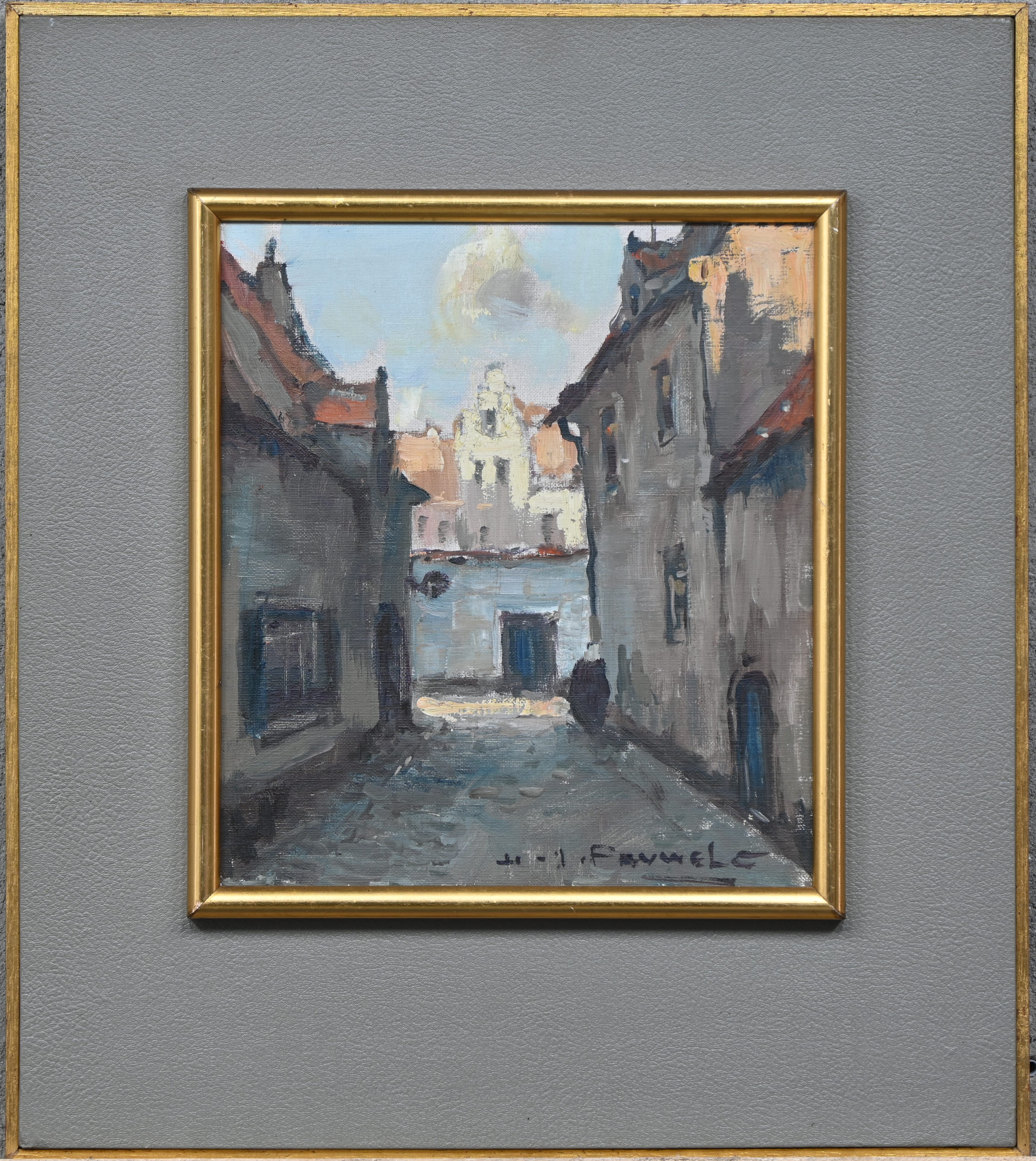 “Schaduwrijk steegje”, een schilderij, olieverf op paneel, gesigneerd “Schaduwrijk steegje”, een schilderij, olieverf op paneel, gesigneerd.