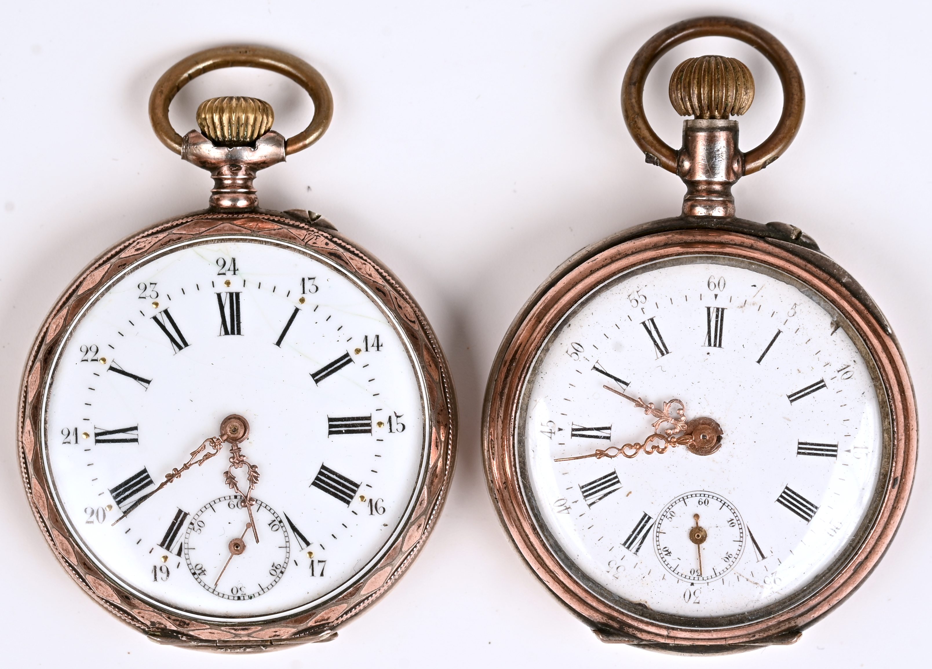 Twee zilveren zakhorloges, 800‰. Waarvan één topje te herstellen Twee zilveren zakhorloges, 800‰. Waarvan één topje te herstellen.