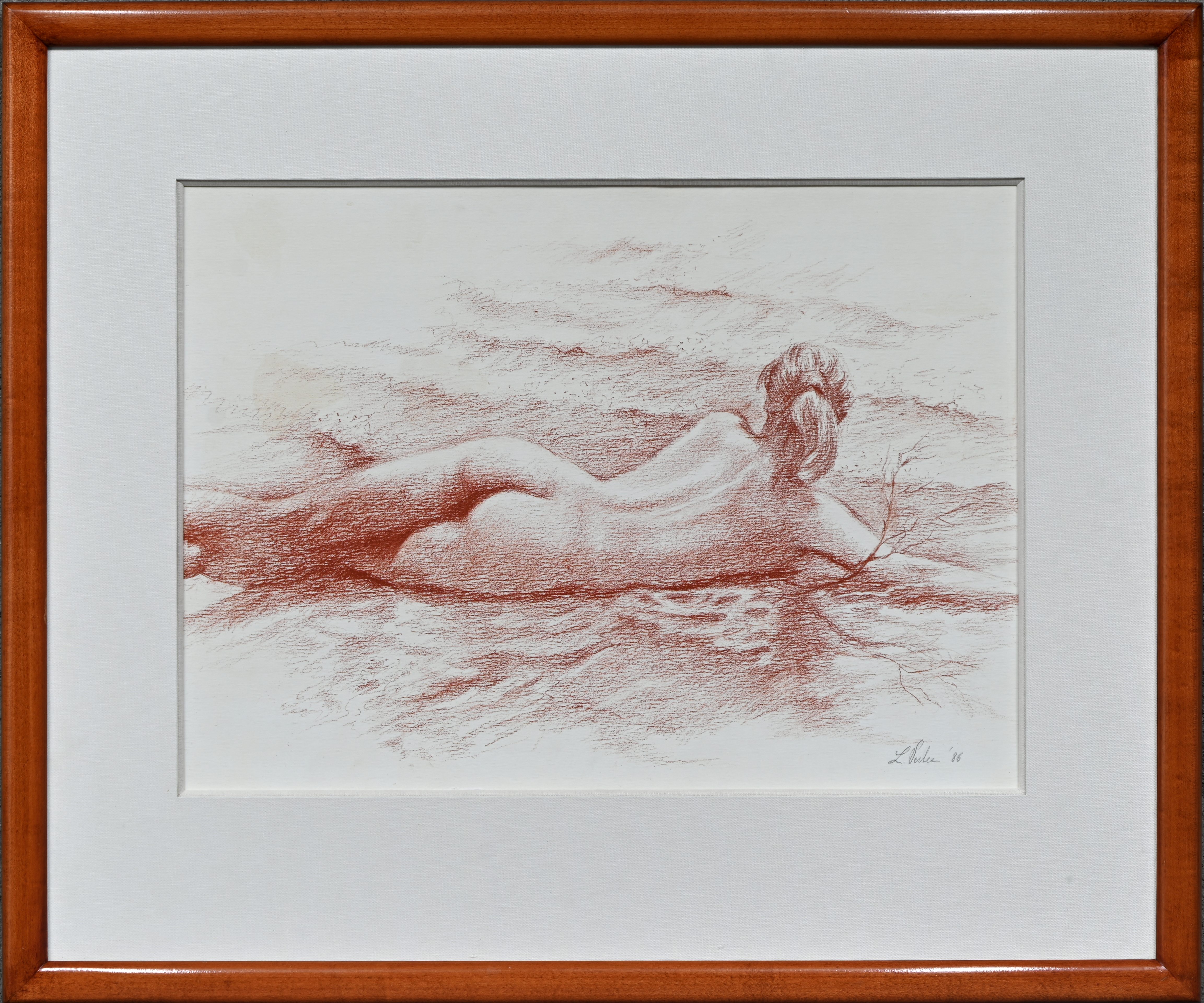 ‘Liggend naakt’, een tekening in rood krijt op papier. Getekend L. Verlee ‘86 ‘Liggend naakt’, een tekening in rood krijt op papier. Getekend L. Verlee ‘86.