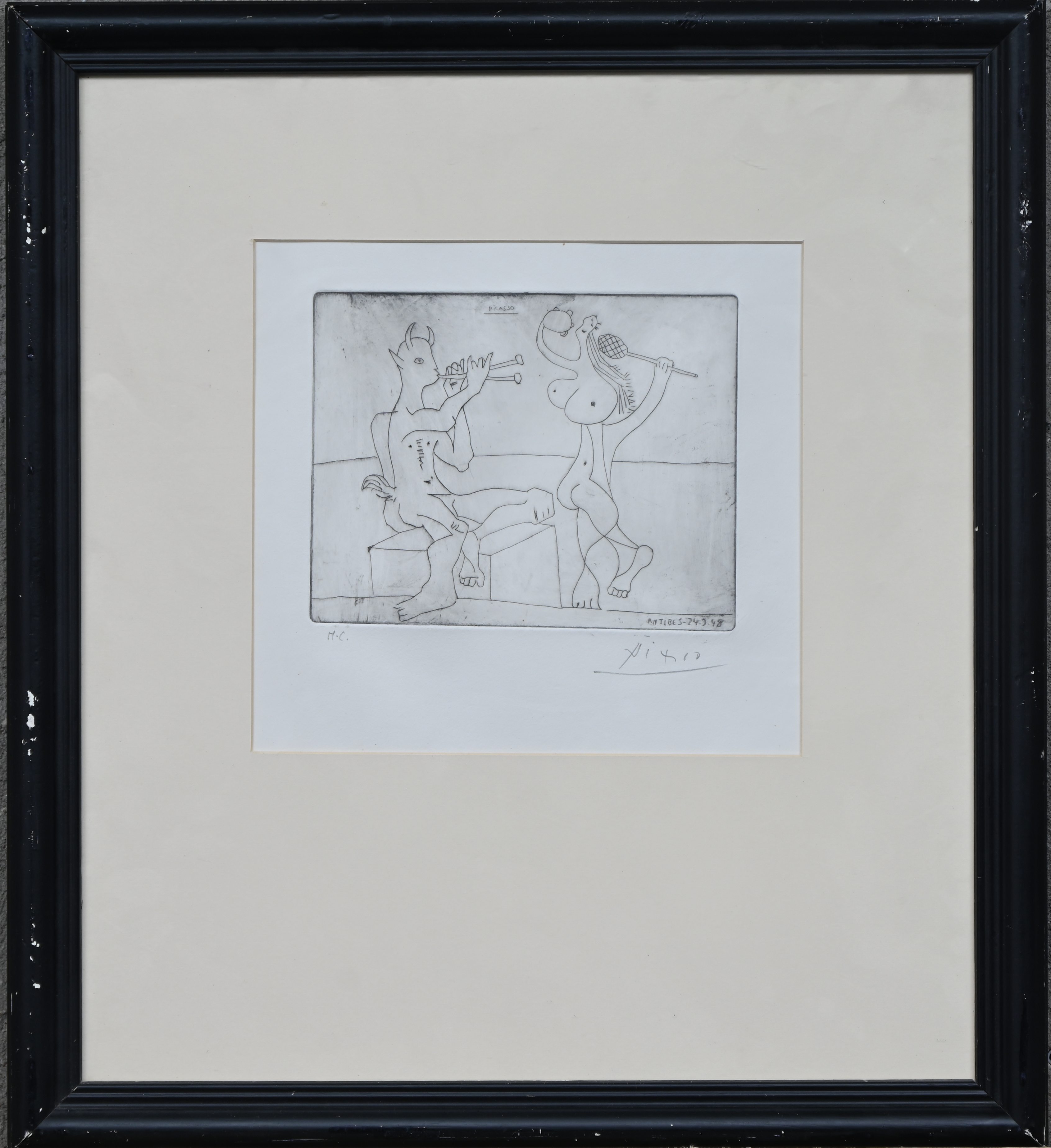 ‘Pan en een dansende vrouw’, een monochrome ets. Getekend buiten de plaat ‘H.C, Picasso’, binnen de plaat ‘Antibes 24-9-48’ ‘Pan en een dansende vrouw’, een monochrome ets. Getekend buiten de plaat ‘H.C, Picasso’, binnen de plaat ‘Antibes 24-9-48’.