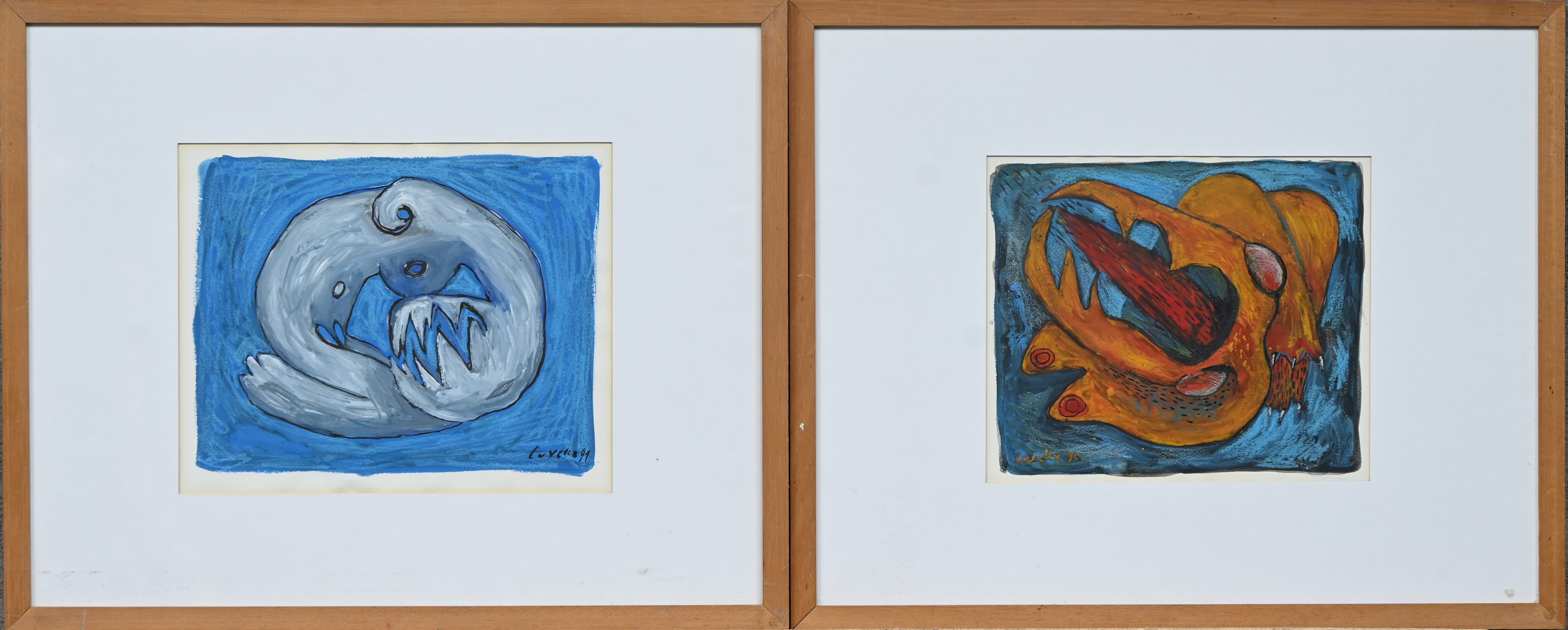 ‘Zonder titel’. Twee tekeningen, gemengde techniek. Getekend Luyckx ‘91 ‘Zonder titel’. Twee tekeningen, gemengde techniek. Getekend Luyckx ‘91.