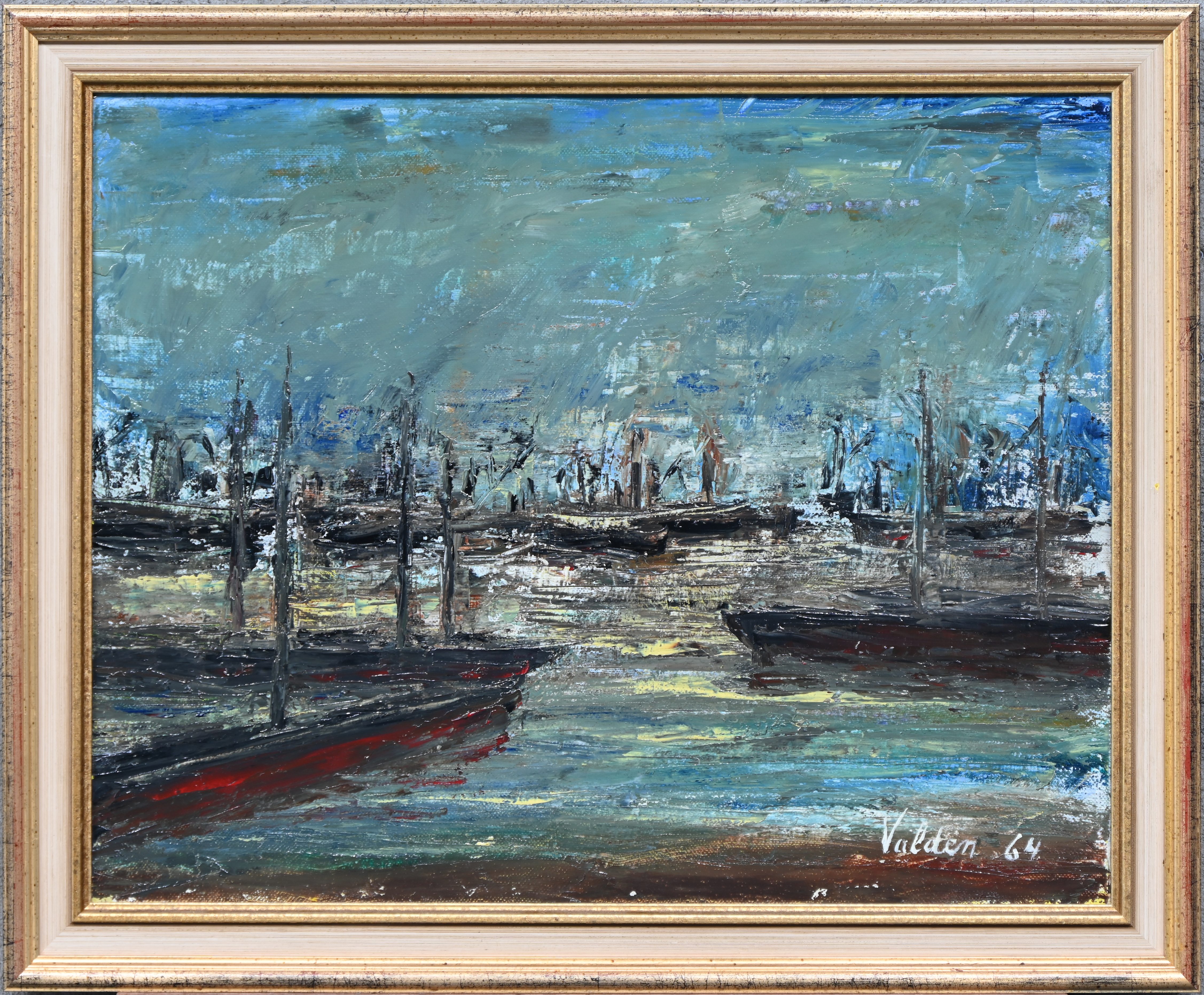 ‘Schepen in de haven’, een expressionistisch olieverfschilderij op doek. Gesigneerd en gedateerd ‘64 ‘Schepen in de haven’, een expressionistisch olieverfschilderij op doek. Gesigneerd en gedateerd ‘64.
