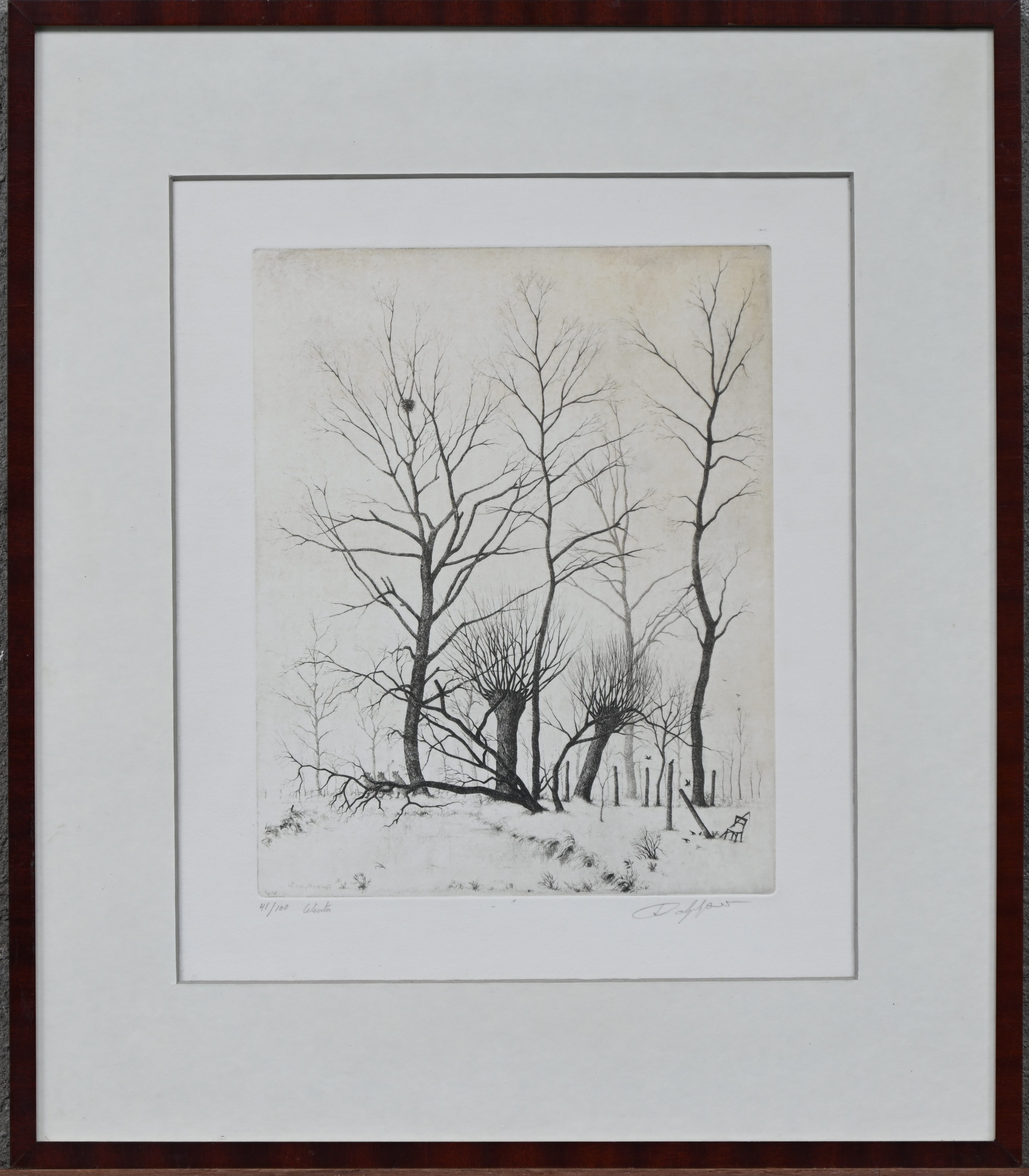 ‘Winter’, een monochrome ets. Gesigneerd binnen en buiten de plaat. Nr. 41 uit een oplage van 100 exemplaren ‘Winter’, een monochrome ets. Gesigneerd binnen en buiten de plaat. Nr. 41 uit een oplage van 100 exemplaren.