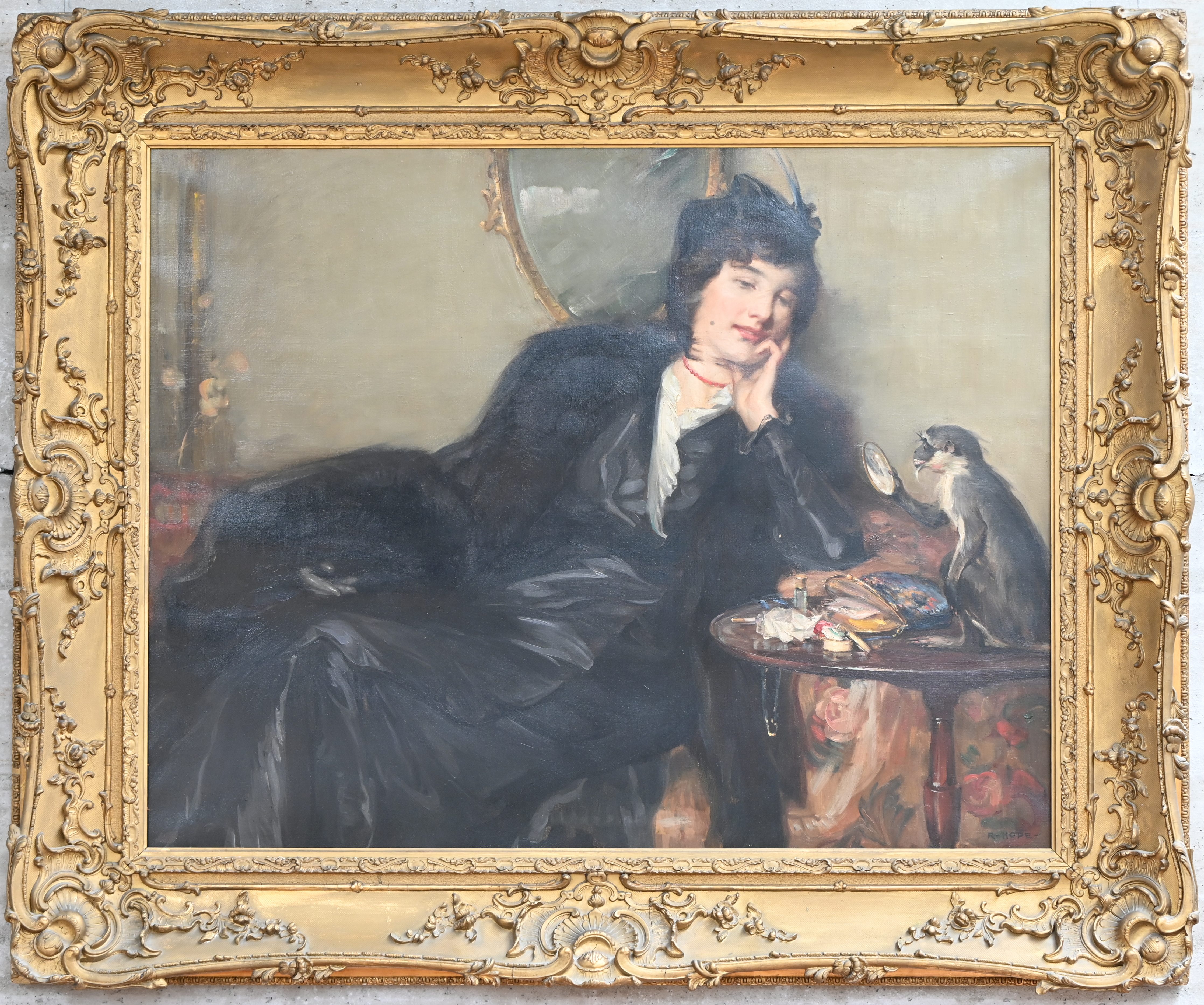 ‘Portret van een jonge vrouw met een kapucijnaapje’, een impressionistisch olieverfschilderij op doek. Gesigneerd R. Hope ‘Portret van een jonge vrouw met een kapucijnaapje’, een impressionistisch olieverfschilderij op doek. Gesigneerd R. Hope.