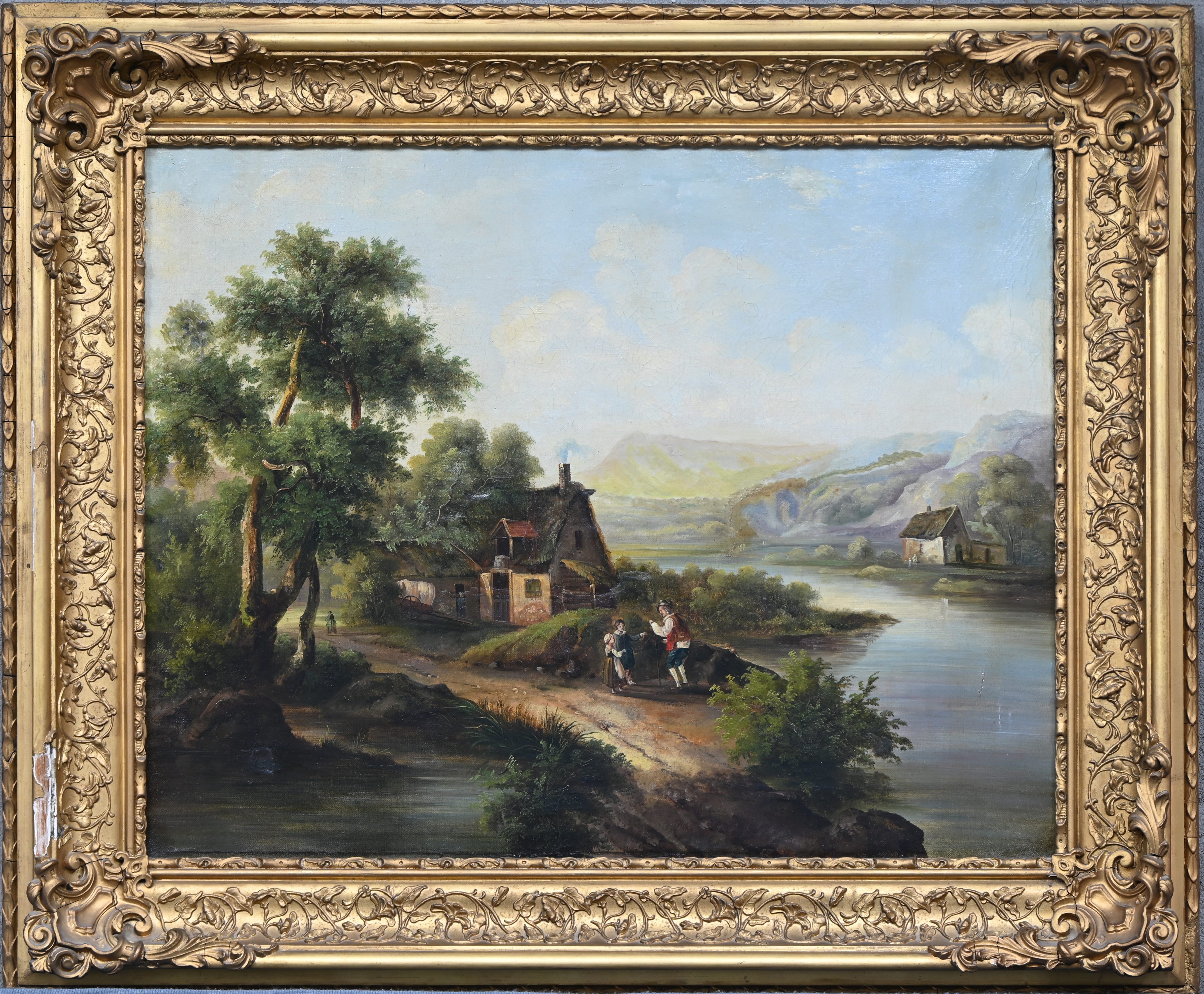 ‘Landschap met personages’, een 19e eeuws olieverfschilderij. Het doek heeft een klein scheurtje en meerdere herstellingen. Niet gesigneerd ‘Landschap met personages’, een 19e eeuws olieverfschilderij. Het doek heeft een klein scheurtje en meerdere herstellingen. Niet gesigneerd.