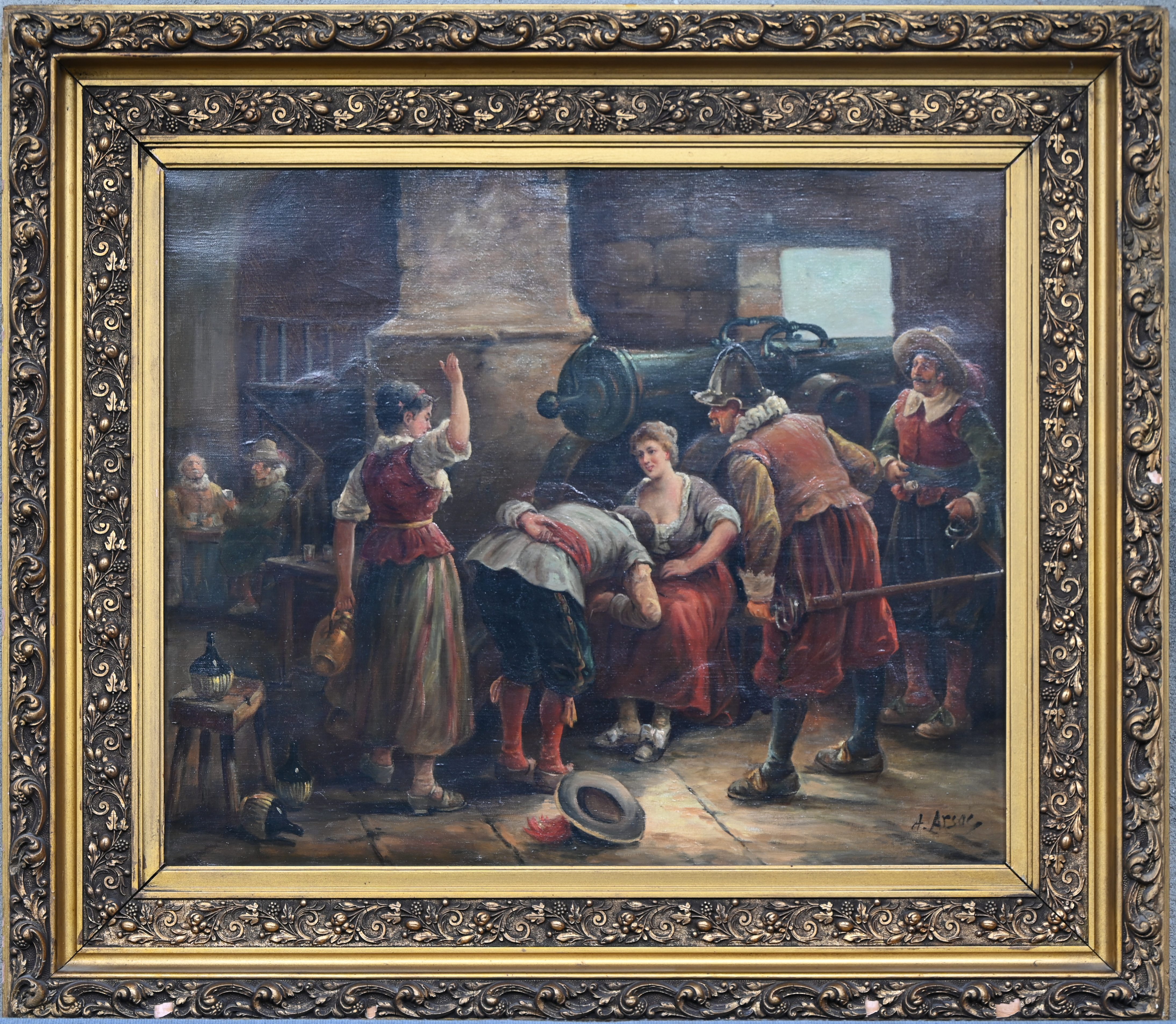 ‘Interieur met personages en een kanon.’ Een olieverfschilderij op doek. Gesigneerd ‘A ‘Interieur met personages en een kanon.’ Een olieverfschilderij op doek. Gesigneerd ‘A. Arsoc?’