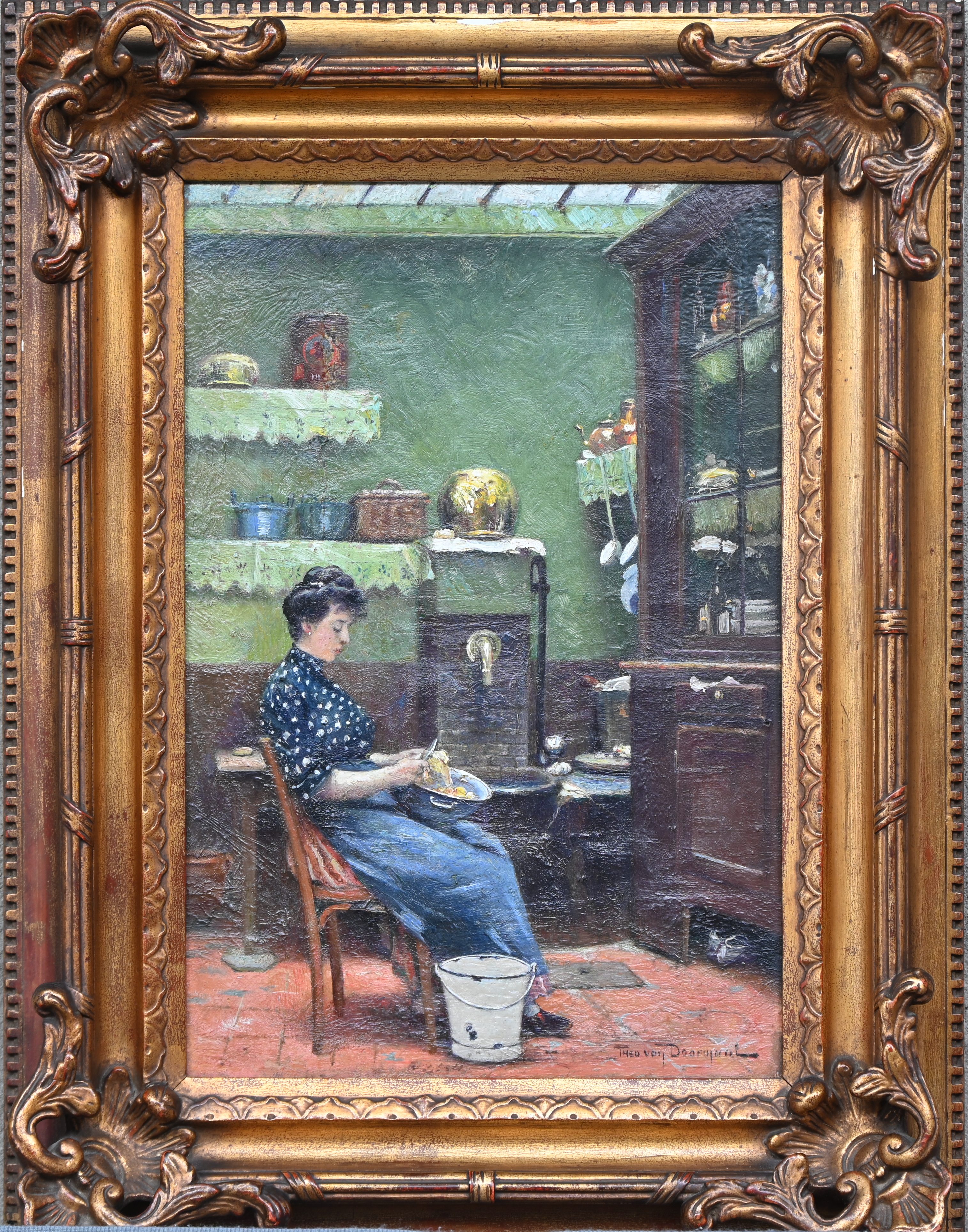 ‘Keukeninterieur’, een olieverfschilderij op doek. Gesigneerd ‘Keukeninterieur’, een olieverfschilderij op doek. Gesigneerd.