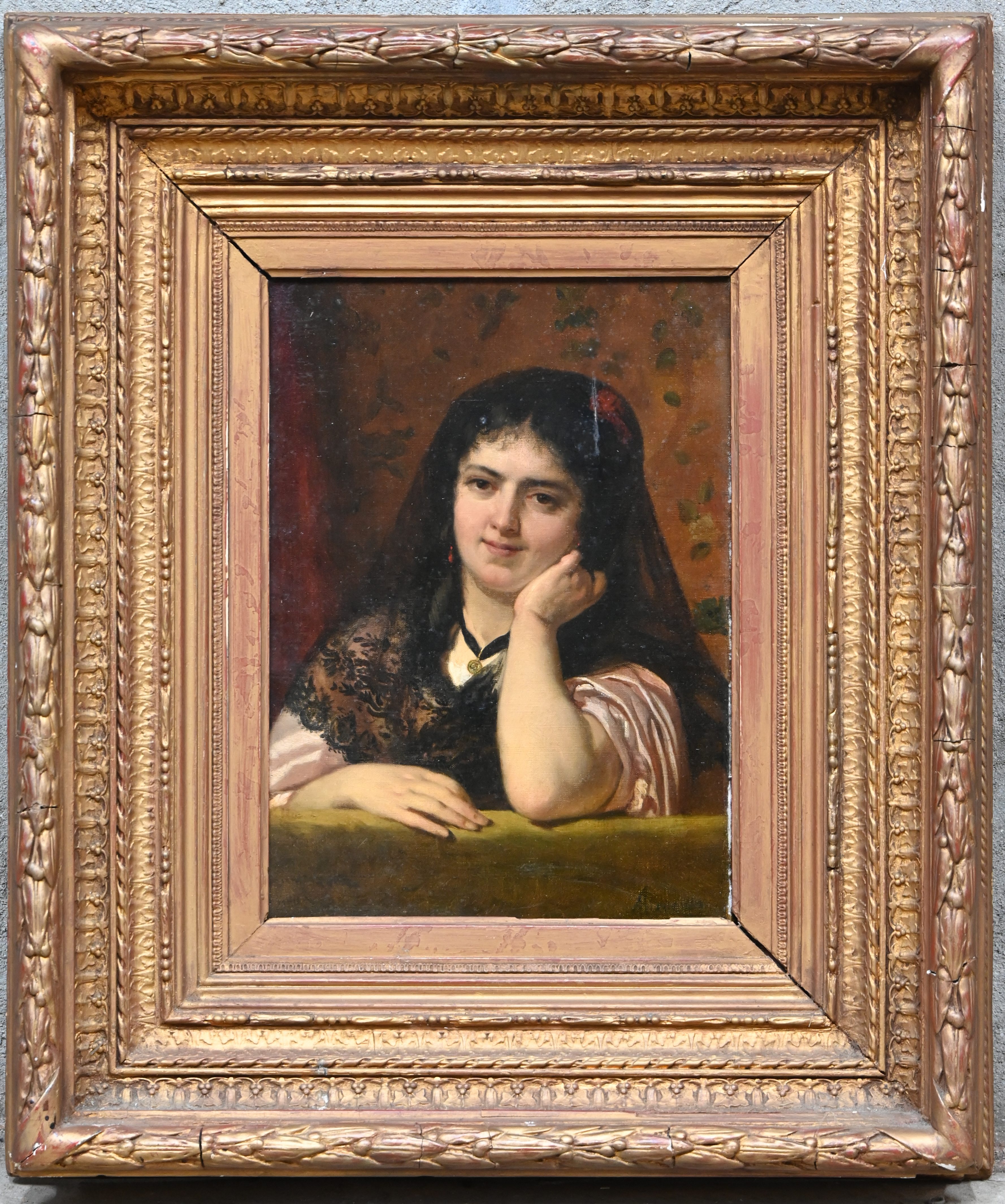 Een afbeelding van een Spaanse dame. Olieverf op paneel. Kleine restauratie Een afbeelding van een Spaanse dame. Olieverf op paneel. Kleine restauratie.