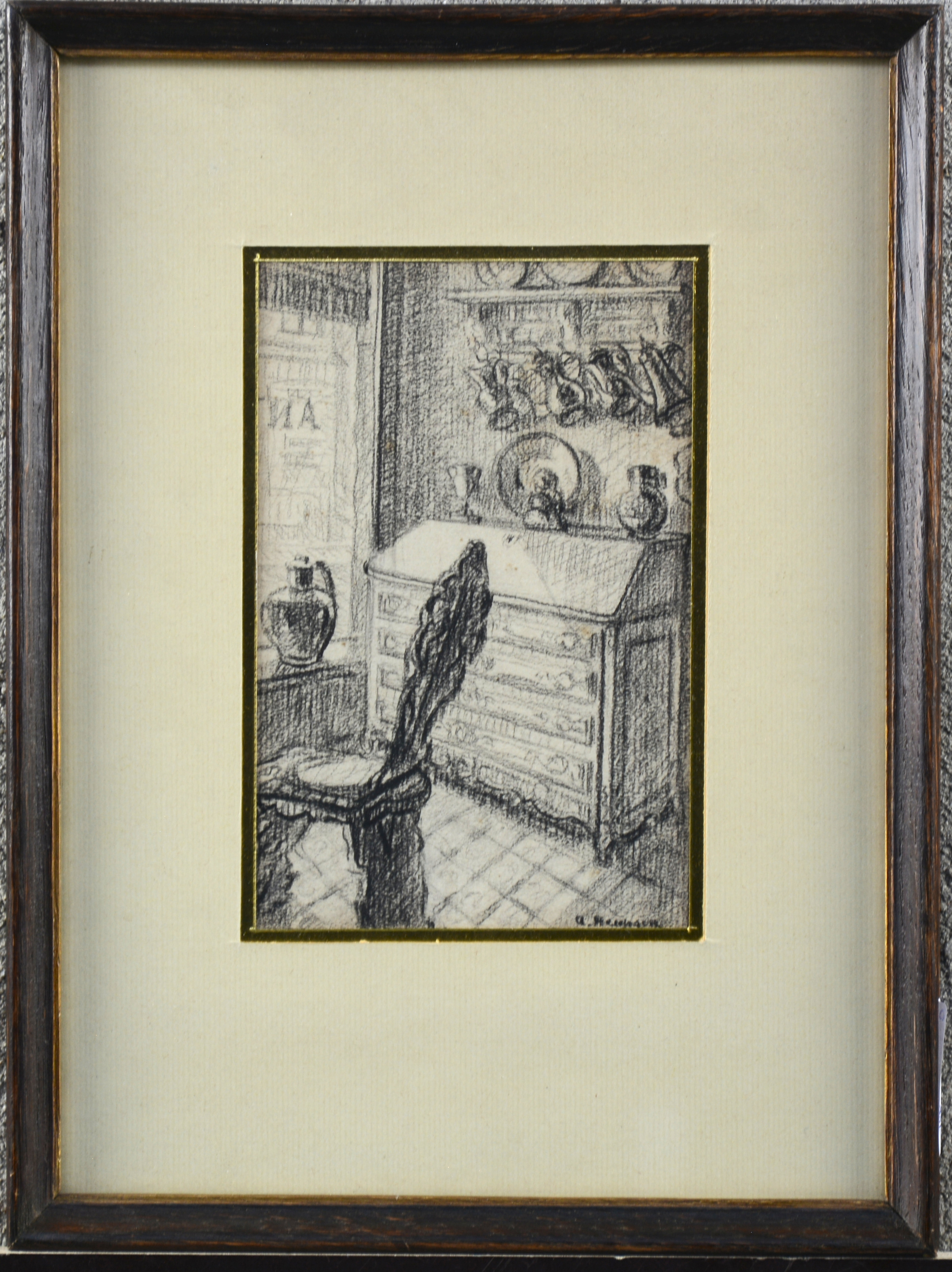 “Interieur”. Houtskool op papier. Gesigneerd “Interieur”. Houtskool op papier. Gesigneerd.