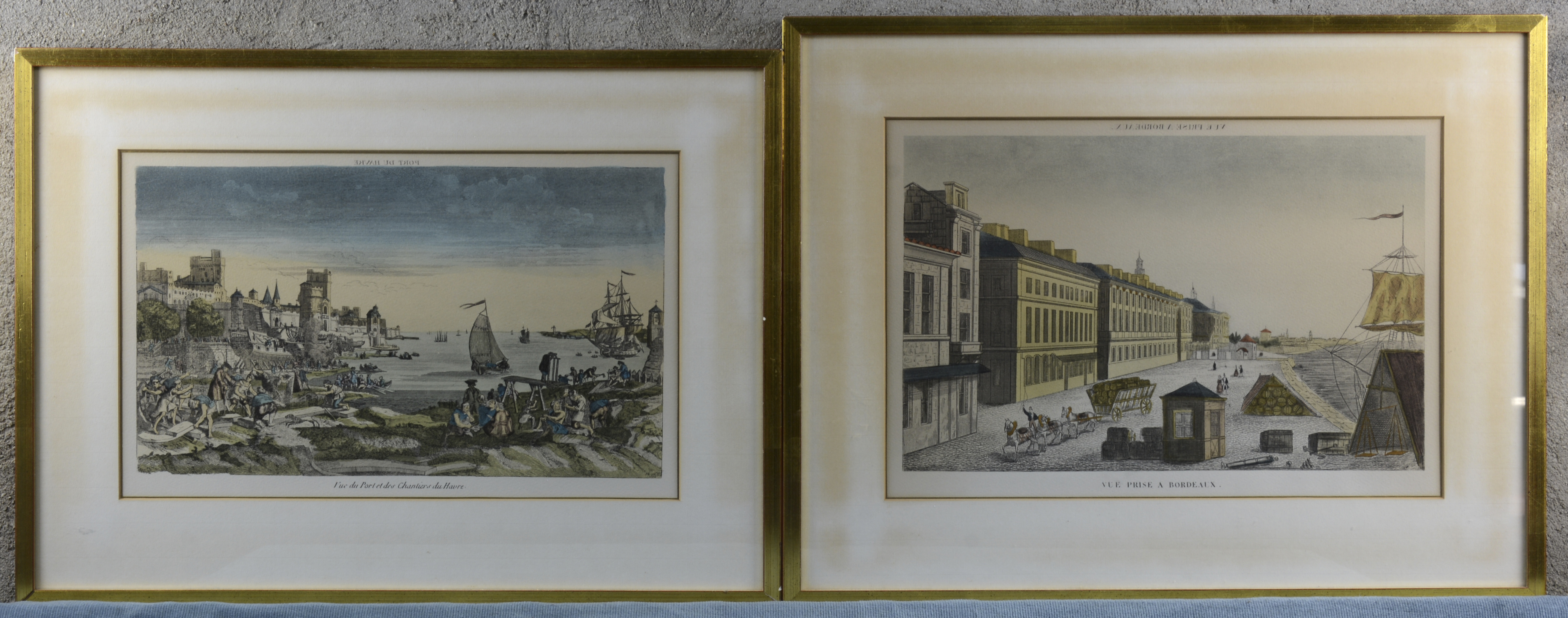 “Vue prise à Bordeaux” & “Vue du Port et des chantiers du Havre”. Twee reproducties van antieke gravures “Vue prise à Bordeaux” & “Vue du Port et des chantiers du Havre”. Twee reproducties van antieke gravures.