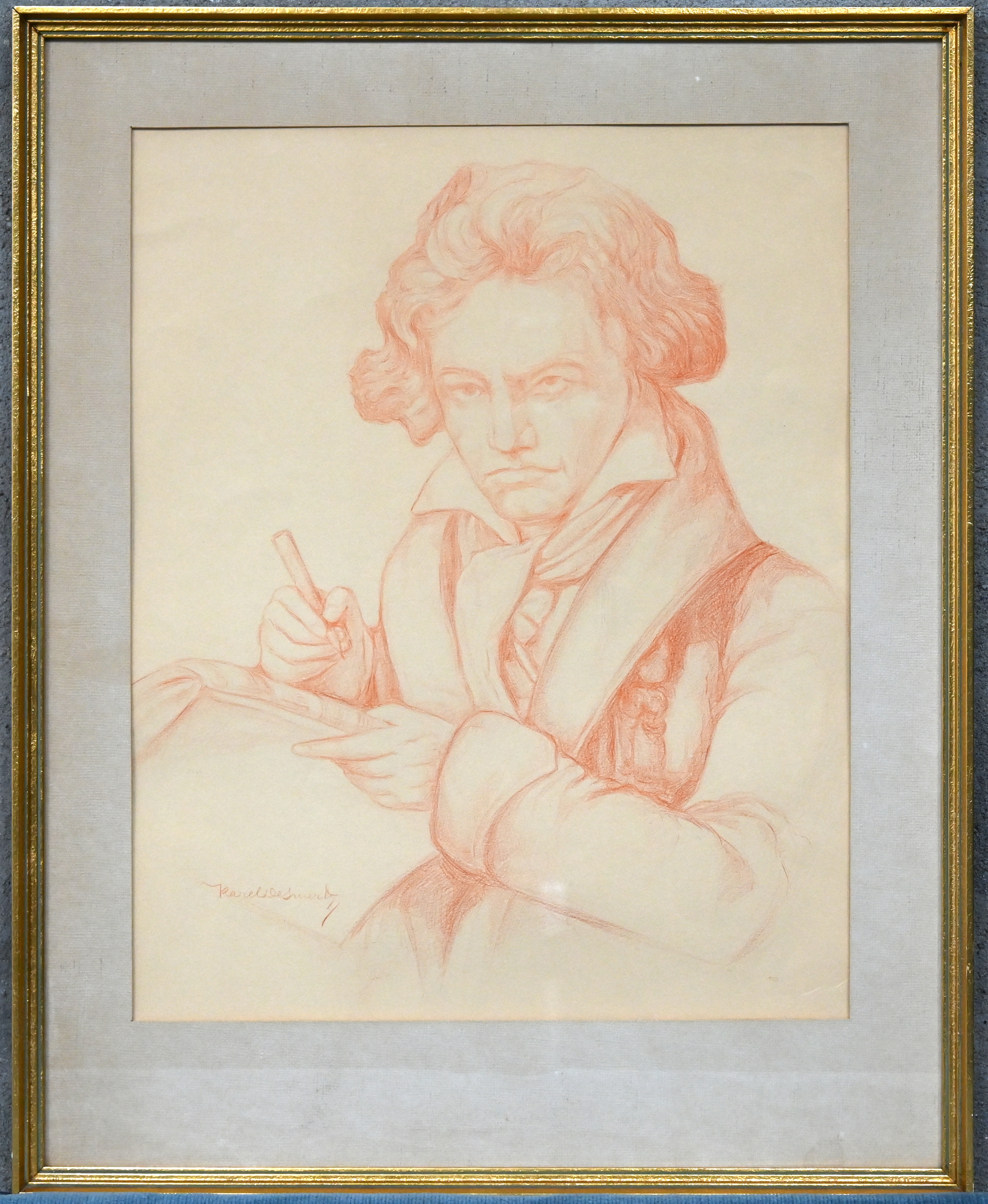 “Ludwig van Beethoven”. Een sanguinetekening. Gesigneerd “Ludwig van Beethoven”. Een sanguinetekening. Gesigneerd.