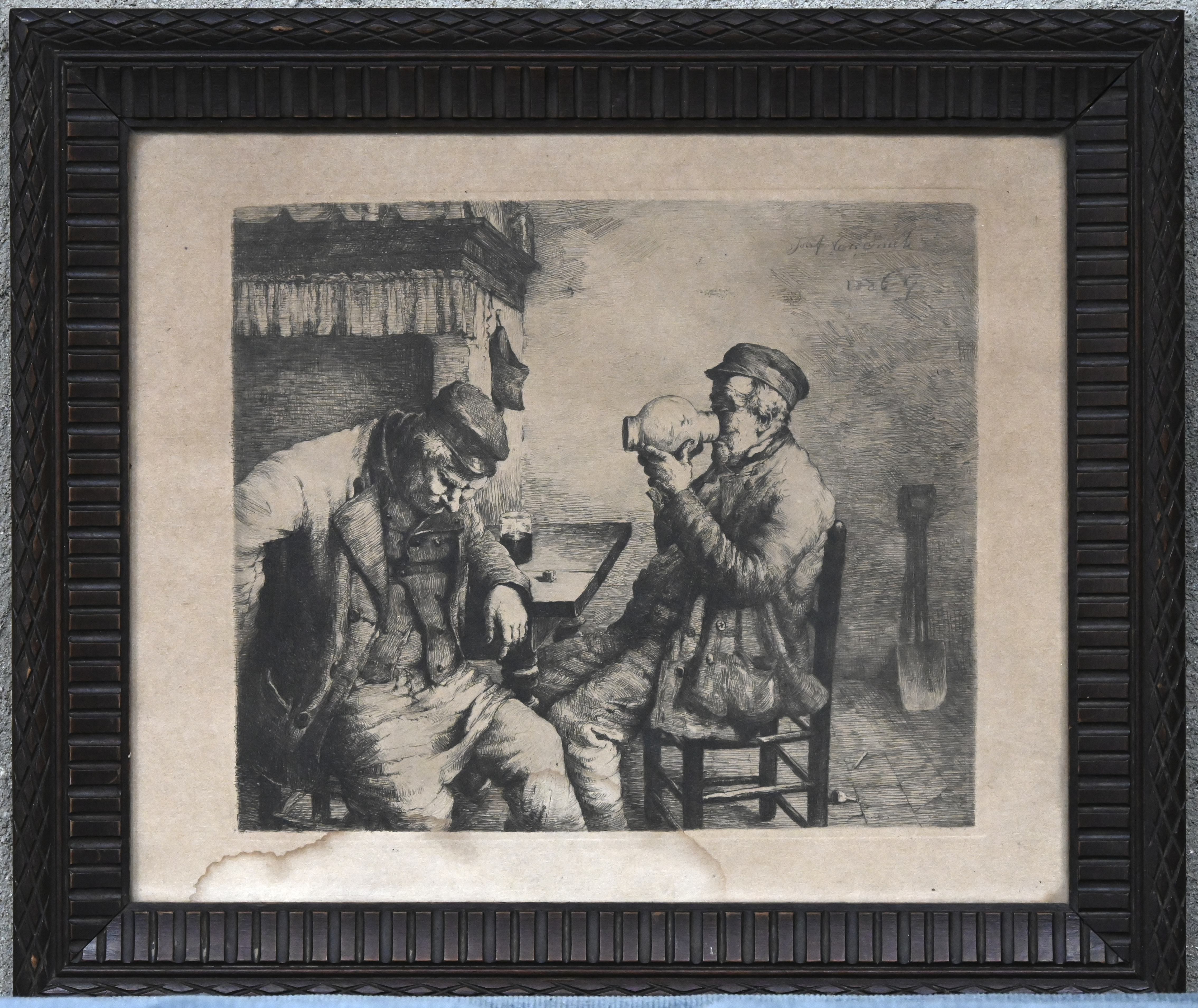 “De drinkers”. Een ets. Gesigneerd en gedateerd 1886 in de plaat. Vochtvlek onderaan “De drinkers”. Een ets. Gesigneerd en gedateerd 1886 in de plaat. Vochtvlek onderaan.