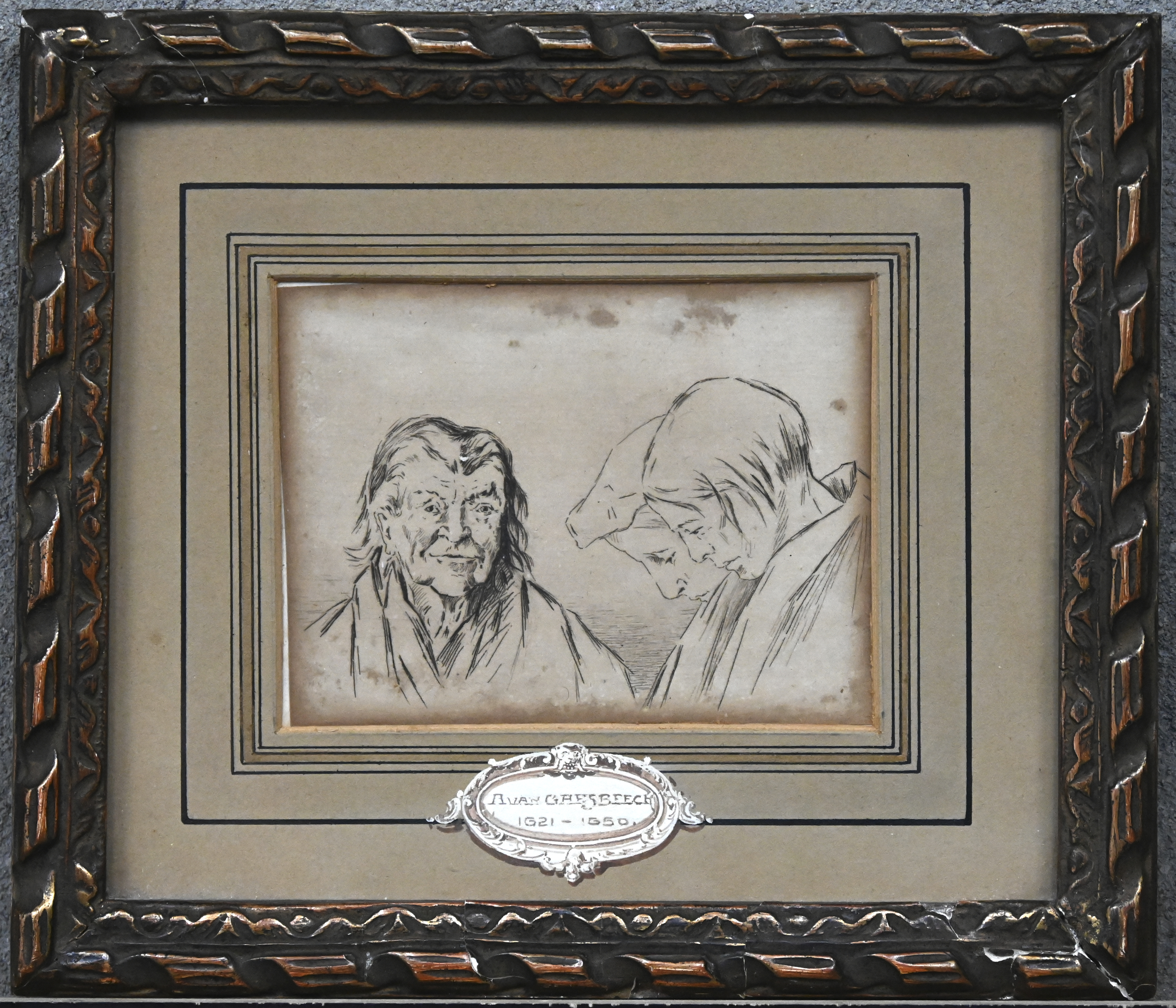 “Drie koppen”. Inktschets op papier. Toegeschreven aan A. Van Gaesbeeck “Drie koppen”. Inktschets op papier. Toegeschreven aan A. Van Gaesbeeck.
