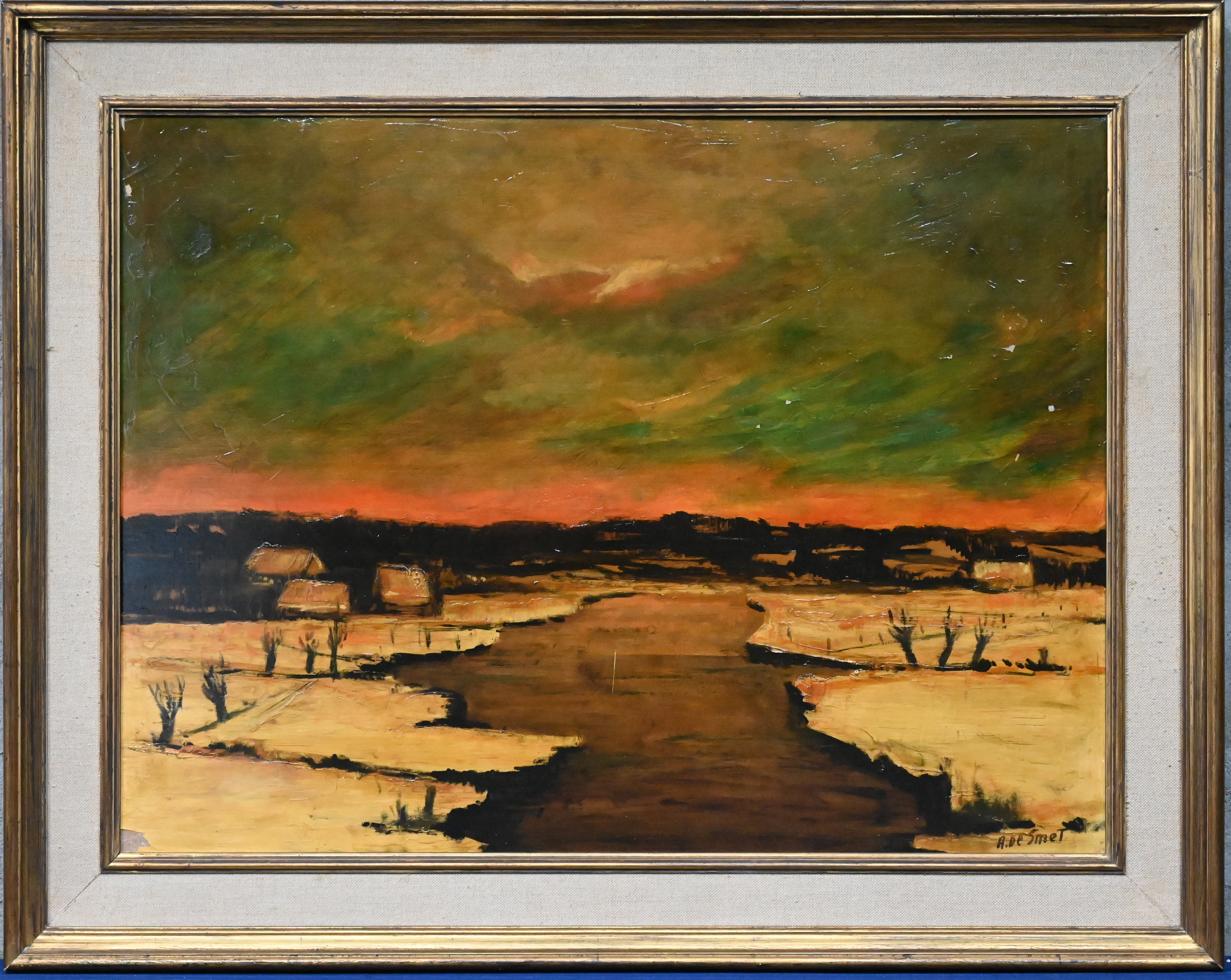 “Winters rivierlandschap”. Olieverf op paneel. Gesigneerd. Verfschade in de linker onderhoek “Winters rivierlandschap”. Olieverf op paneel. Gesigneerd. Verfschade in de linker onderhoek.