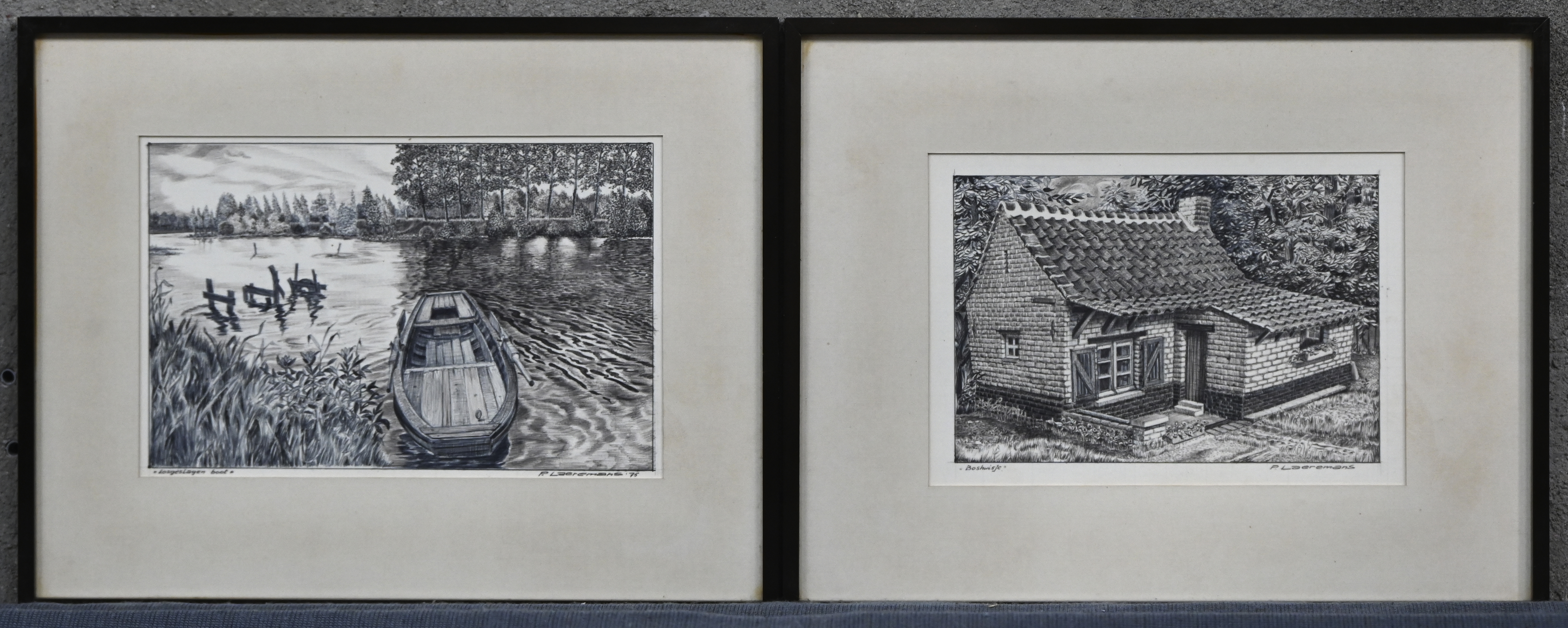 “Losgeslagen boot” & “Boshuisje”. Een lot van twee tekeningen op papier, onderaan gesigneerd “P. Laeremans” “Losgeslagen boot” & “Boshuisje”. Een lot van twee tekeningen op papier, onderaan gesigneerd “P. Laeremans”.