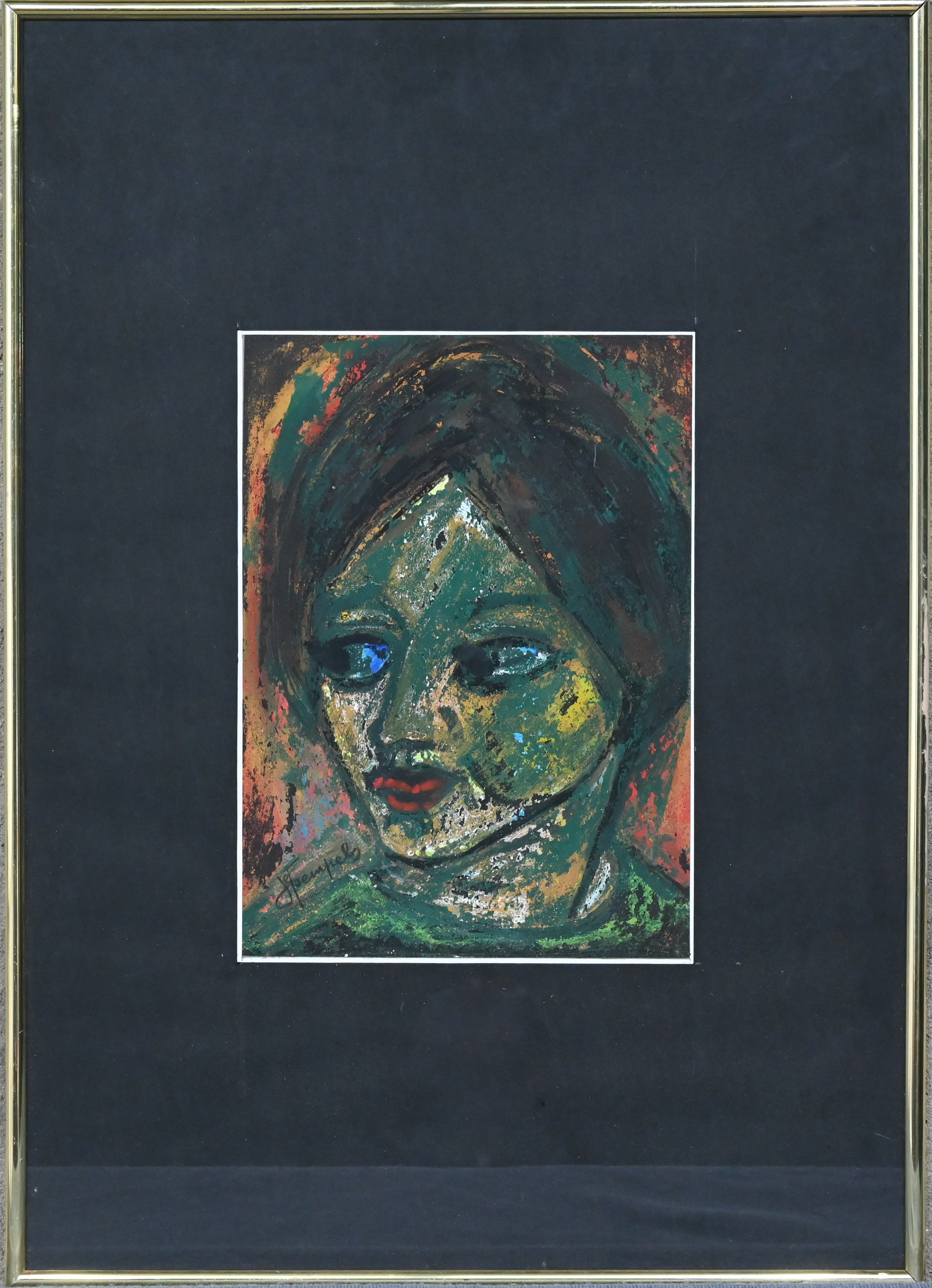 “Groen portret”. Een schilderij, gemengde techniek op papier, onderaan gesigneerd “Jef Sempels” “Groen portret”. Een schilderij, gemengde techniek op papier, onderaan gesigneerd “Jef Sempels”.