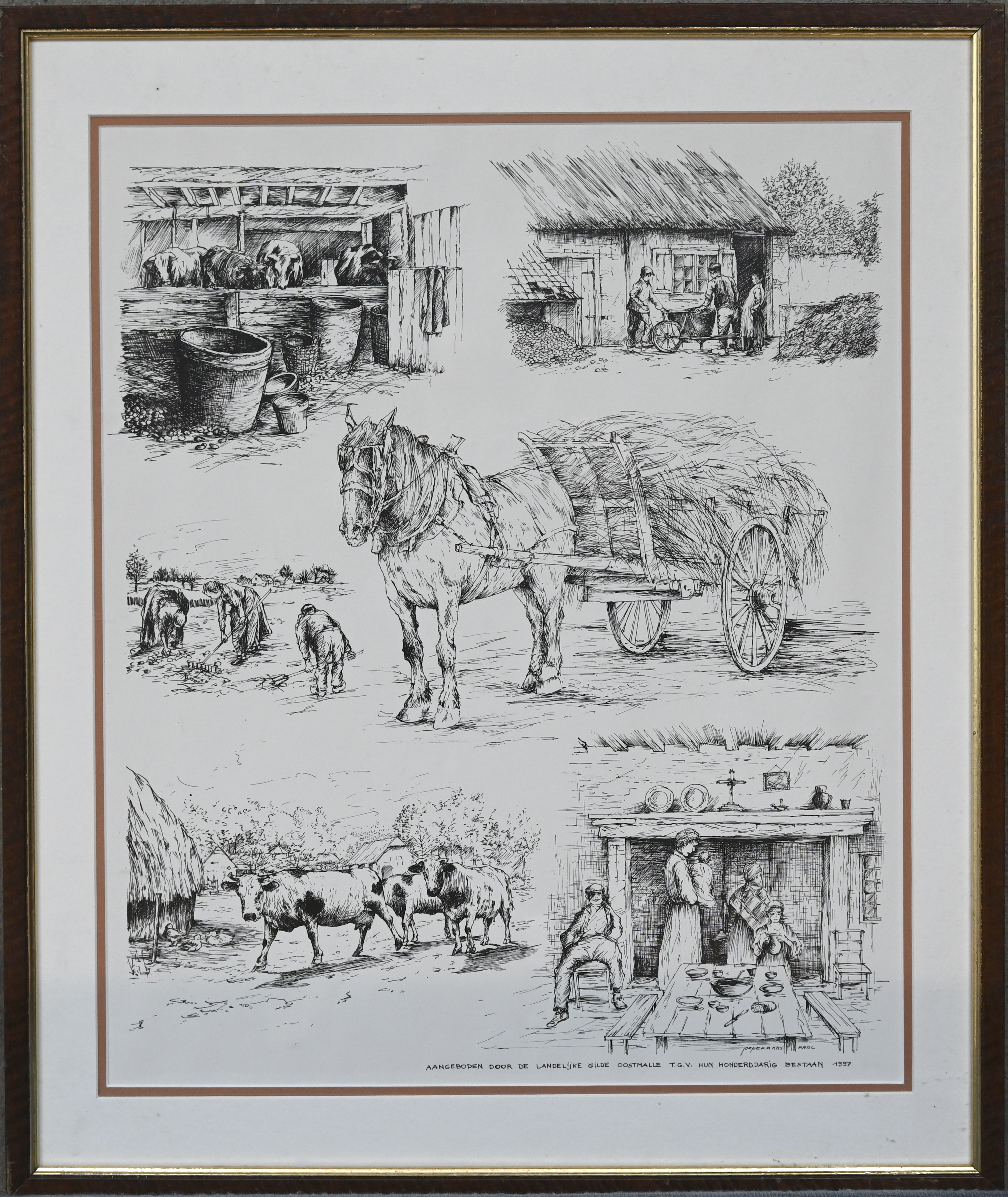 Een print op papier met paard en hooiwagen Een print op papier met paard en hooiwagen.