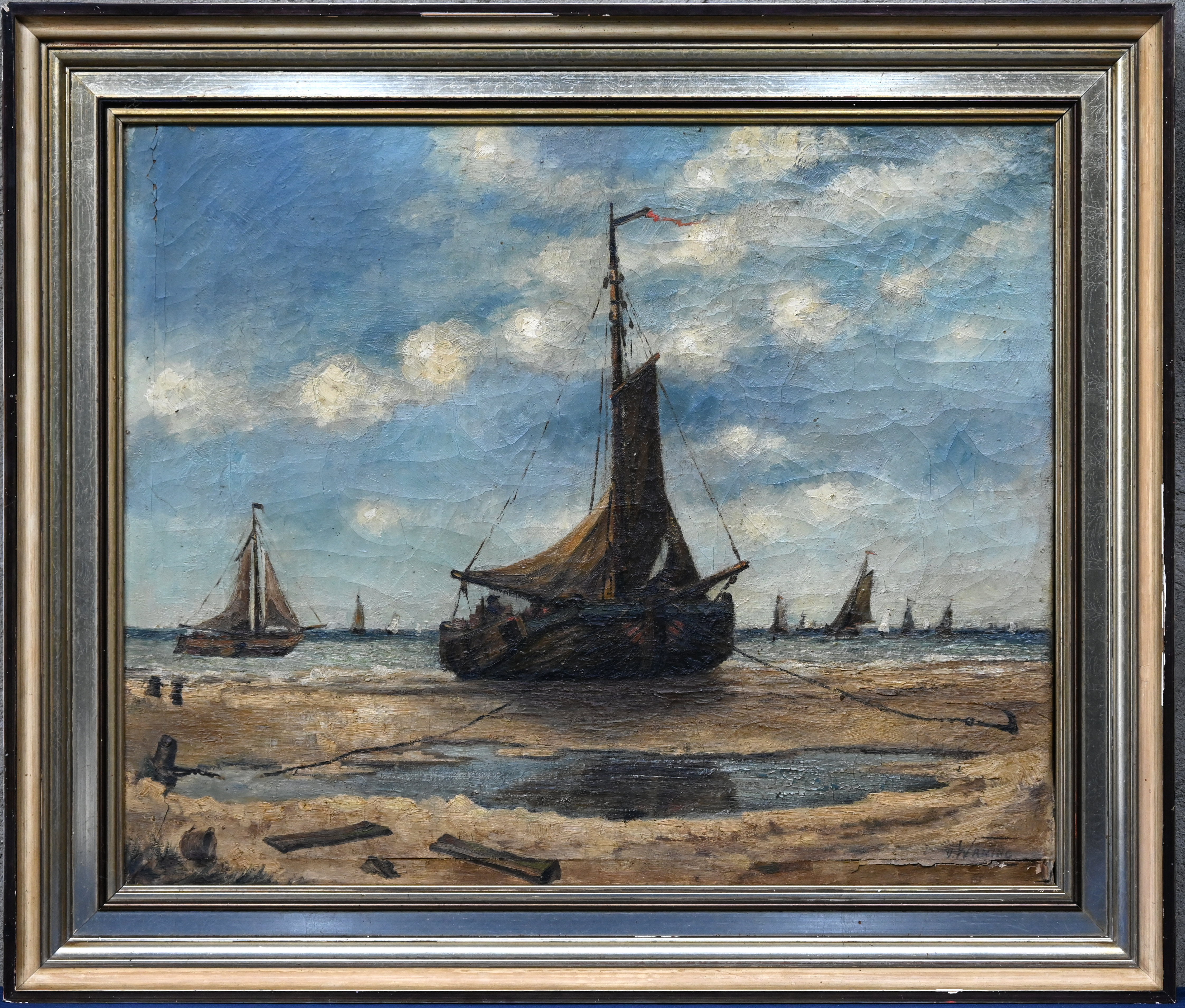 Een maritiem schilderij gesigneerd V. Waning, met boten op het droge Een maritiem schilderij gesigneerd V. Waning, met boten op het droge .