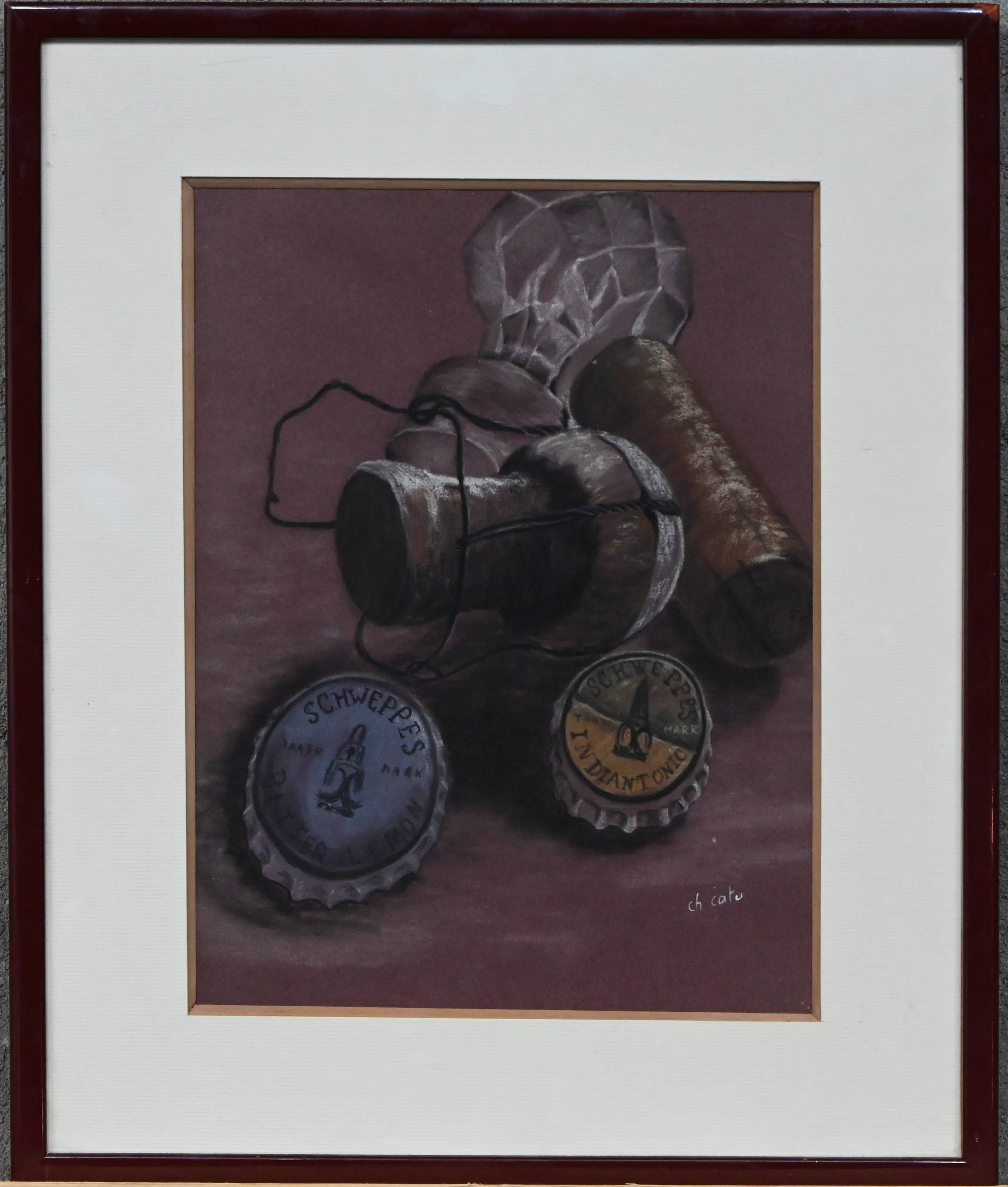 “Stilleven met flessendoppen.” Pastel op papier. Gesigneerd “Stilleven met flessendoppen.” Pastel op papier. Gesigneerd.